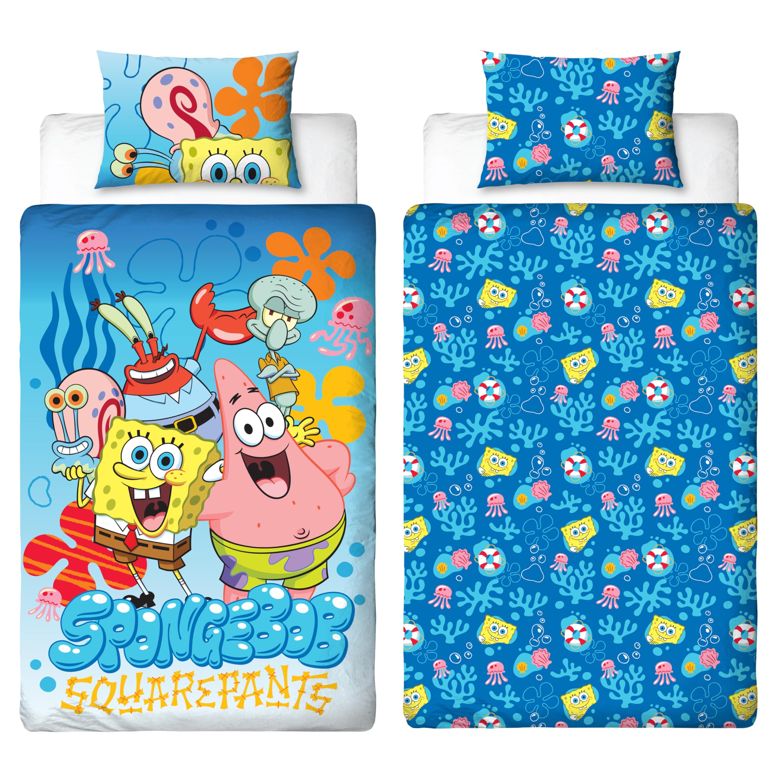 Spongebob Offiziell Lizenziertes Einzelbettwäsche-Set | Beidseitig wendbare Bettwäsche mit passendem Kissenbezug | Design „Squared“ mit Spongebob, Patrick, Thaddäus & Mr. Krabs | Polycotton