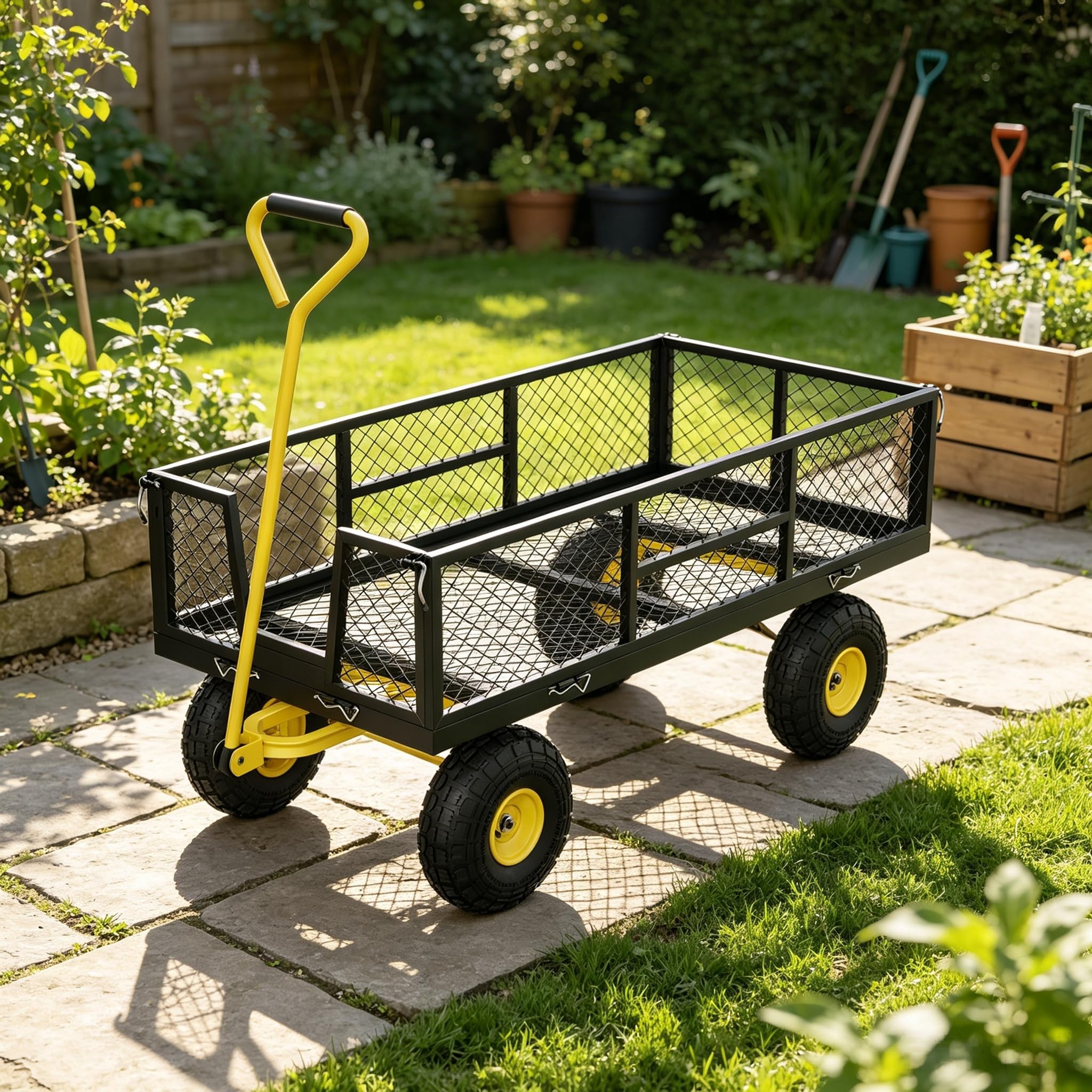 GarveeHome Gartenwagen aus Stahl, Transportwagen für Garten und Hof, Robuster Stahlgitterwagen mit gelbem Griff und gelben Rädern, Handwagen für Outdoor, 100 x 47 x 54 cm