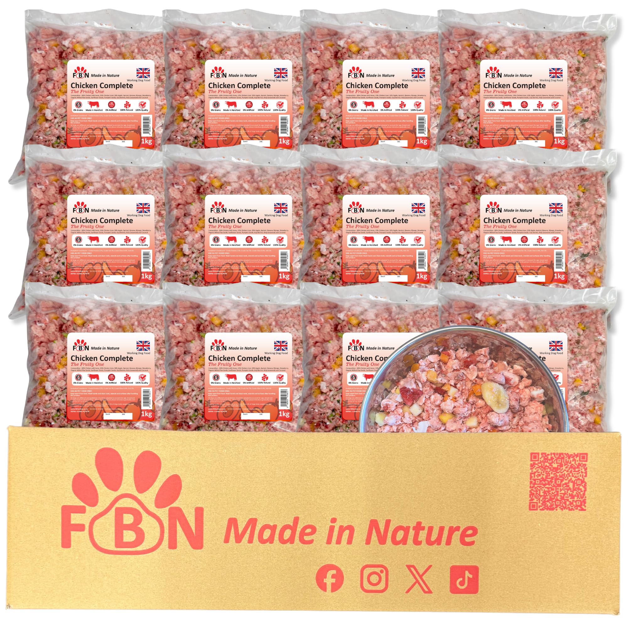 Raw Dog Food Chicken Fruity Complete 12kg Box – BARF Premium British Meat Frozen Dog Food 1kg Bags Premium Meat Recipe with Fruit & Botanicals – Complete Dog Food for Working Dogs
