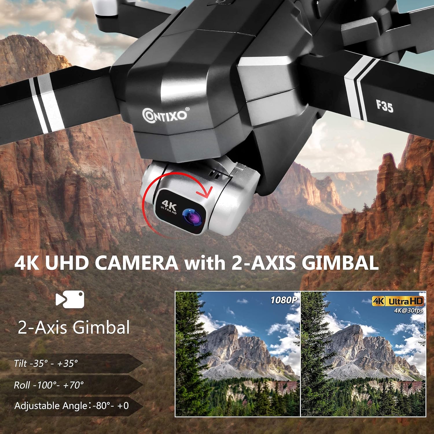 Contixo F35 GPS Drone with 4K UHD Camera 2-Axis Self stabilizing Gimbal 5G WiFi FPV RC Quadcopter Brushless Drone for Adults, Bonus 64GB SD Card, 2 Batteries Included