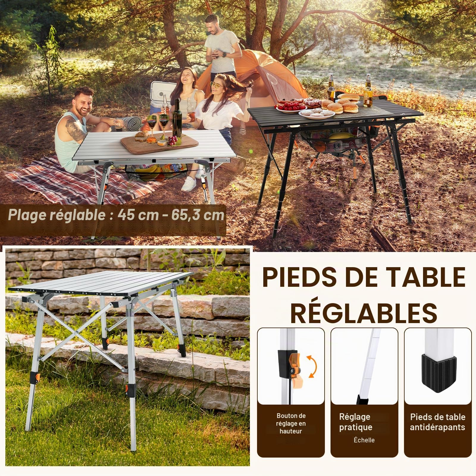 Sportneer Tables de camping pliantes, légères, réglables en hauteur, en aluminium avec couche supérieure en maille, table de camping enroulable pour camping, pique-nique, plage, camping-car, jardin,
