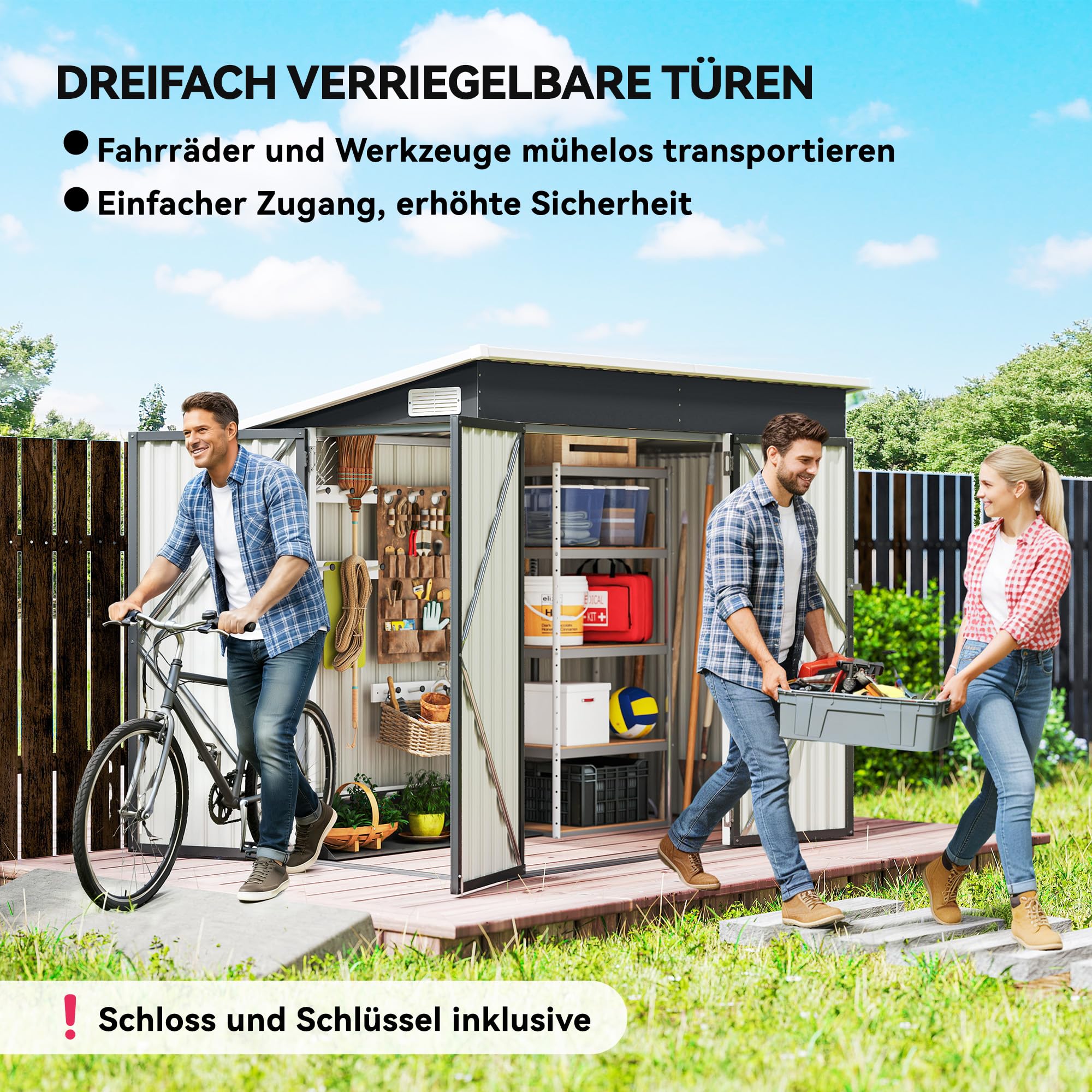 Outsunny Metalowy Schowek Ogrodowy 2,68 m², zamykany, z 3 drzwiami, wentylacją, spadzistym dachem, rękawicami, 234 x 132 x 185 cm, odporny na warunki pogodowe, do ogrodu