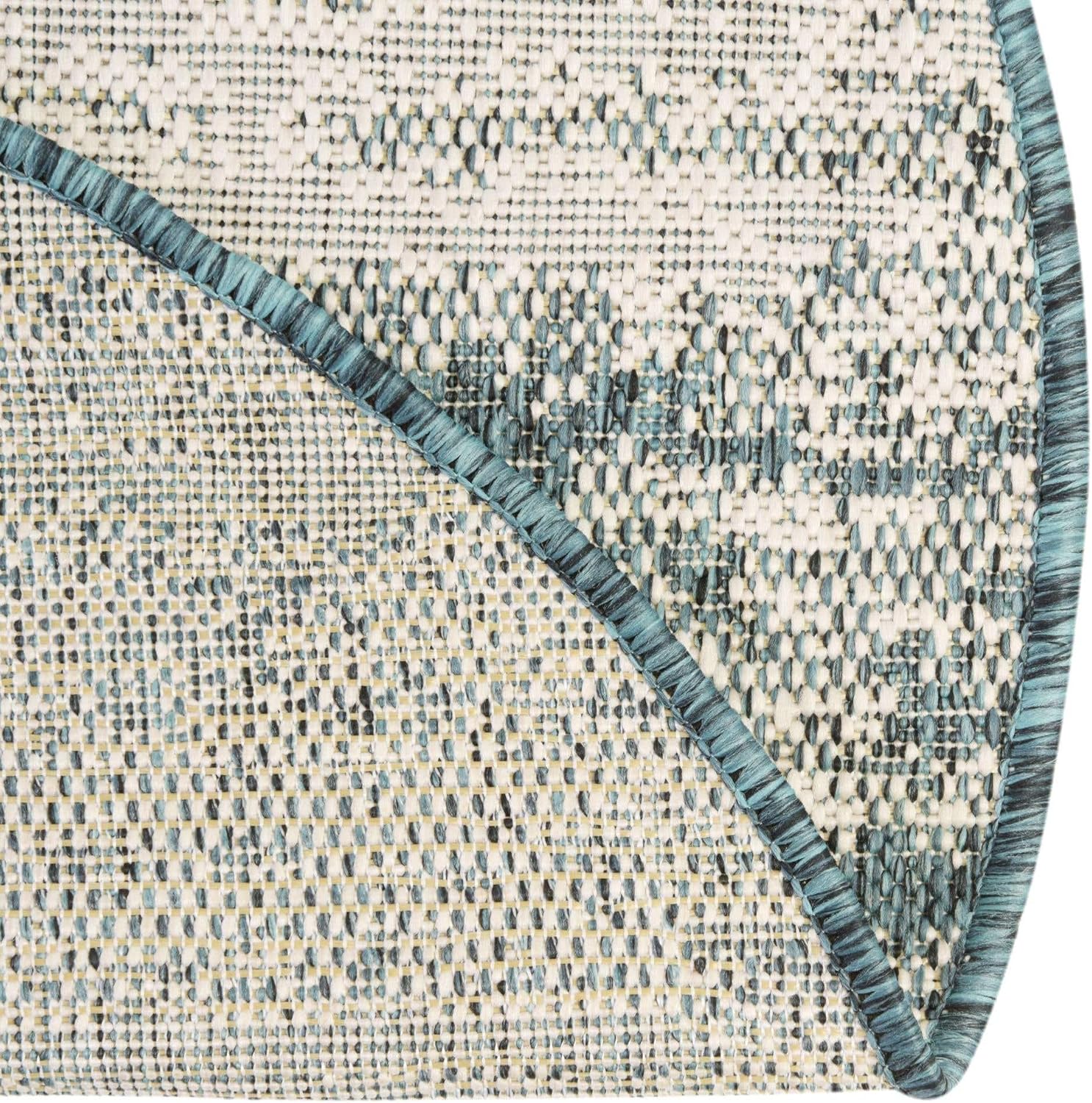 Rugs.com Outdoor Modern Collection Rug – 4' Round Teal Flatweave Rug Perfect for Kitchens, Dining Rooms