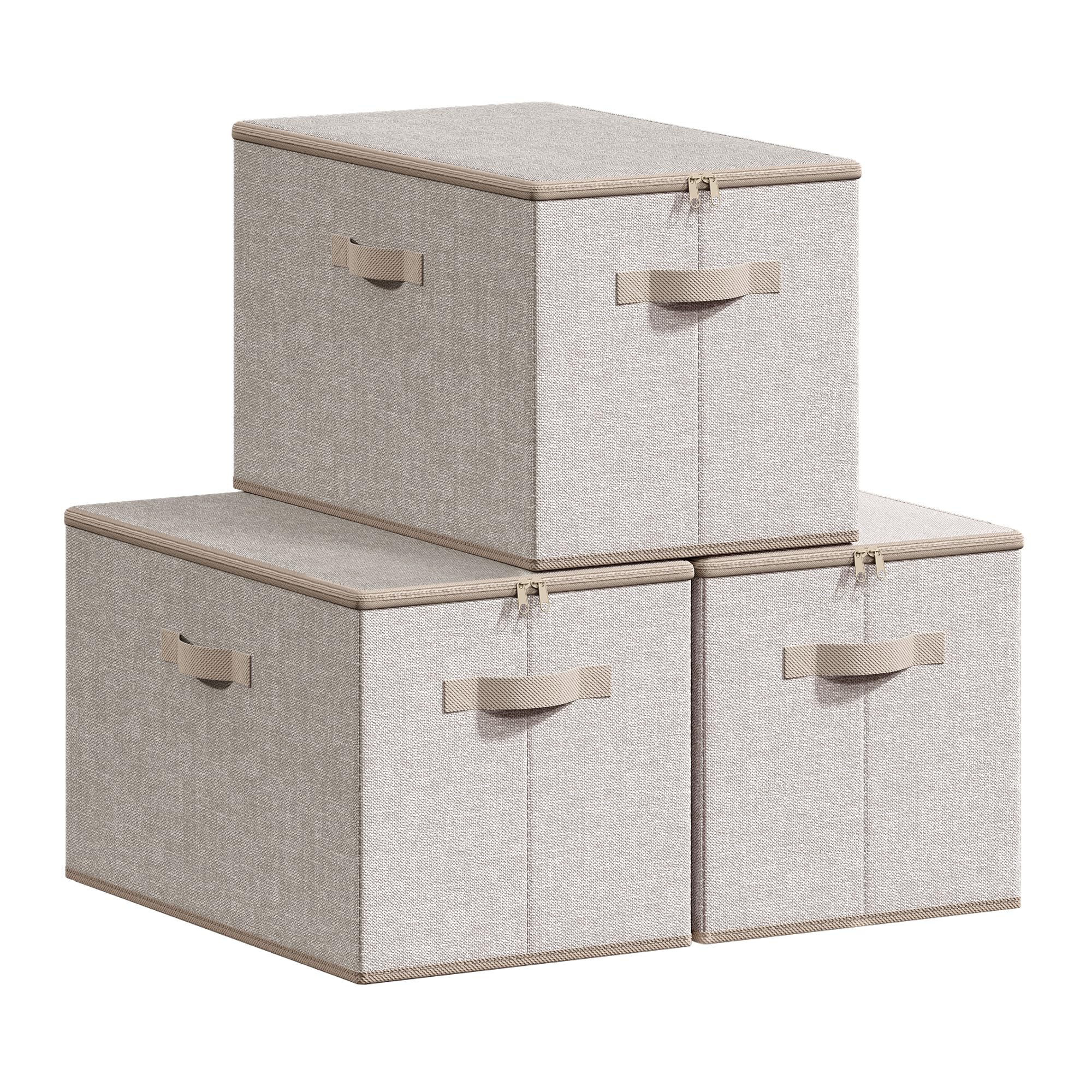 SONGMICS Foldable Storage Organiser Boxes, Storage Basket Bins with Lids, Handles, Clothes Organiser, Non-Woven Fabric, Set of 3, 50 x 30 x 30 cm, Sand Beige RZB050LZ04