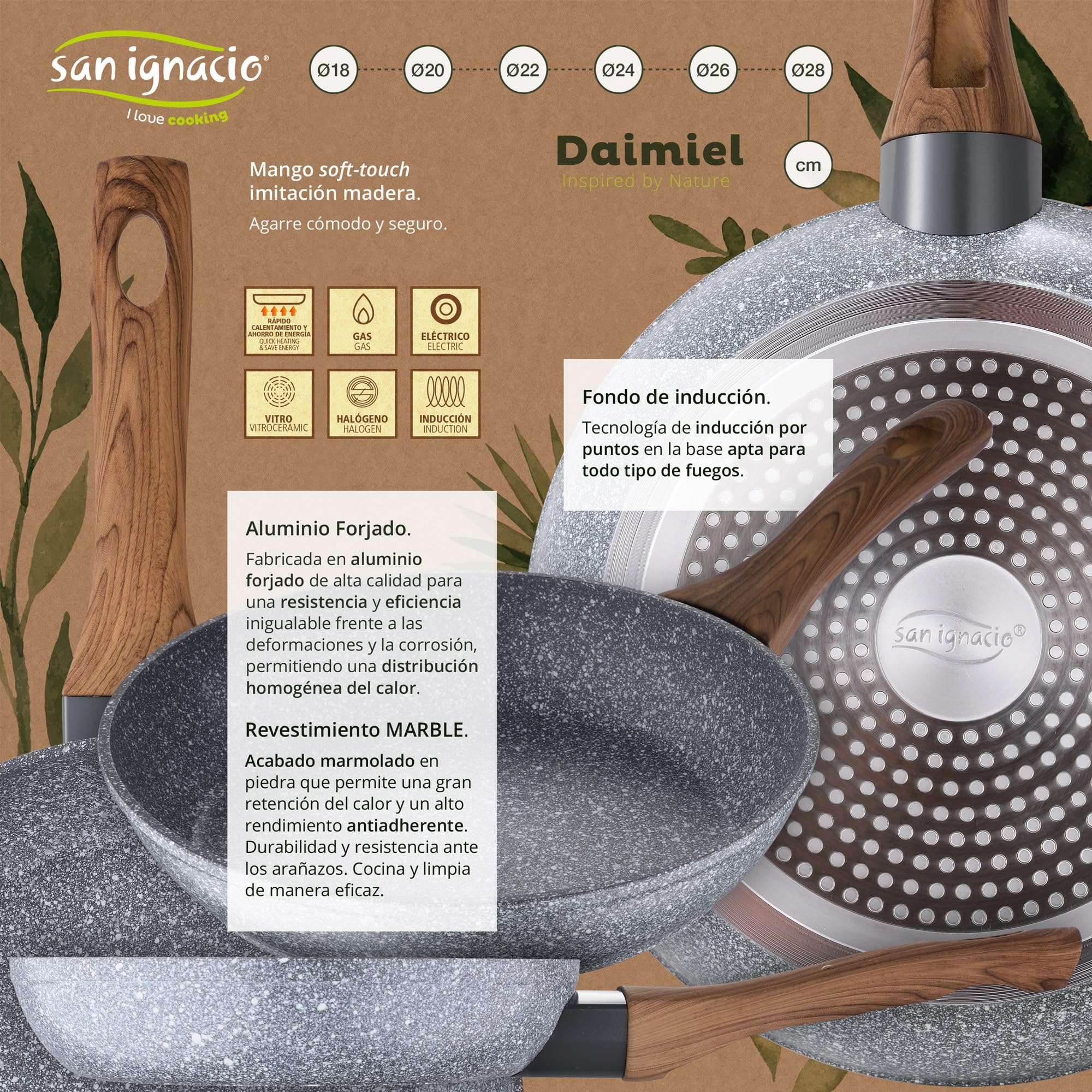 Magefesa Bateria de cocina 7 piezas MAGEFESA Kenia de acero esmaltado con juego de sartenes (22/24/26 cm) Daimiel en aluminio forjado