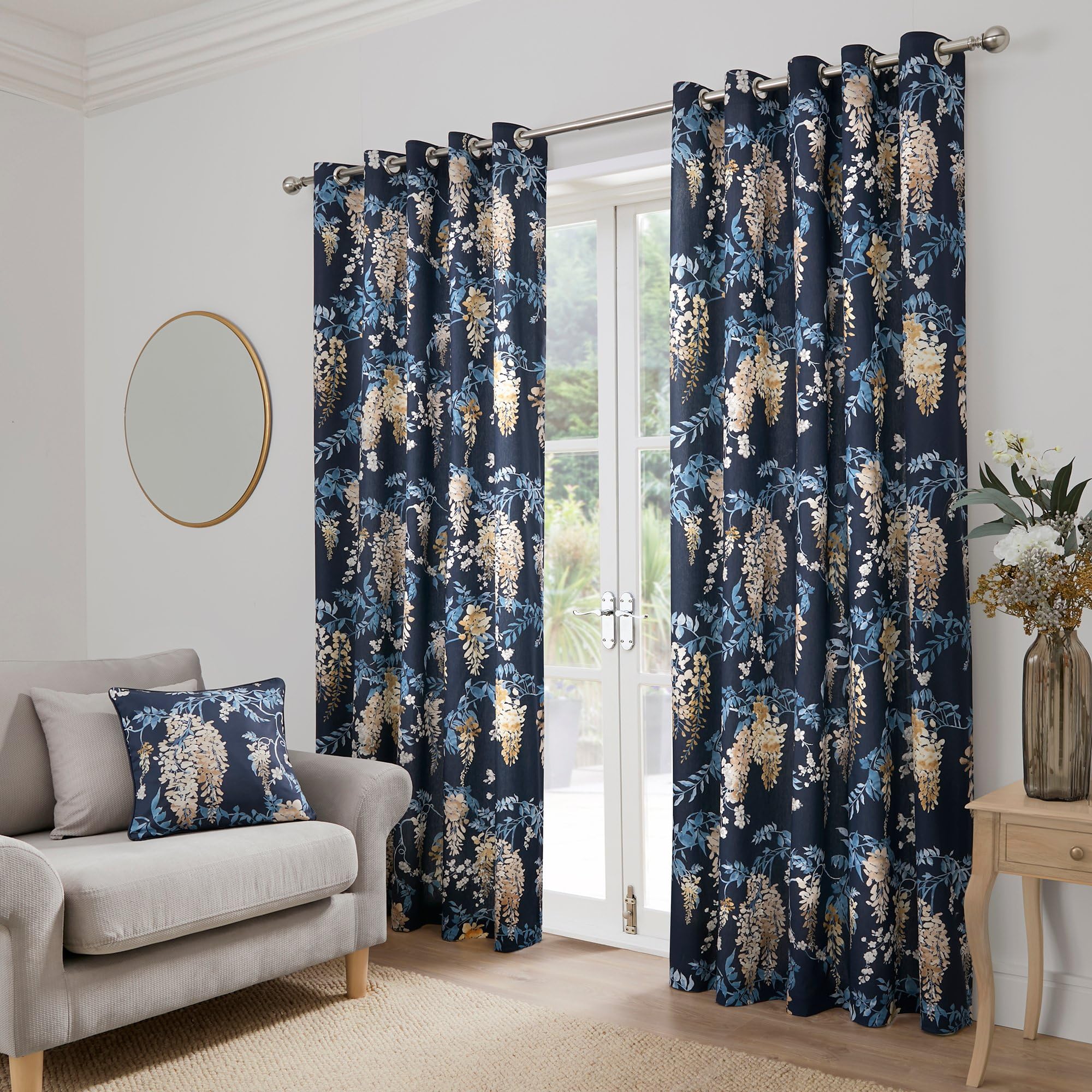 Dreams & Drapes Navy Wisteria Eyelet Curtains – Blue Floral – W90 X L72 (229 X 183Cm) – 2 Panels – Bedroom & Living Room Window Treatment