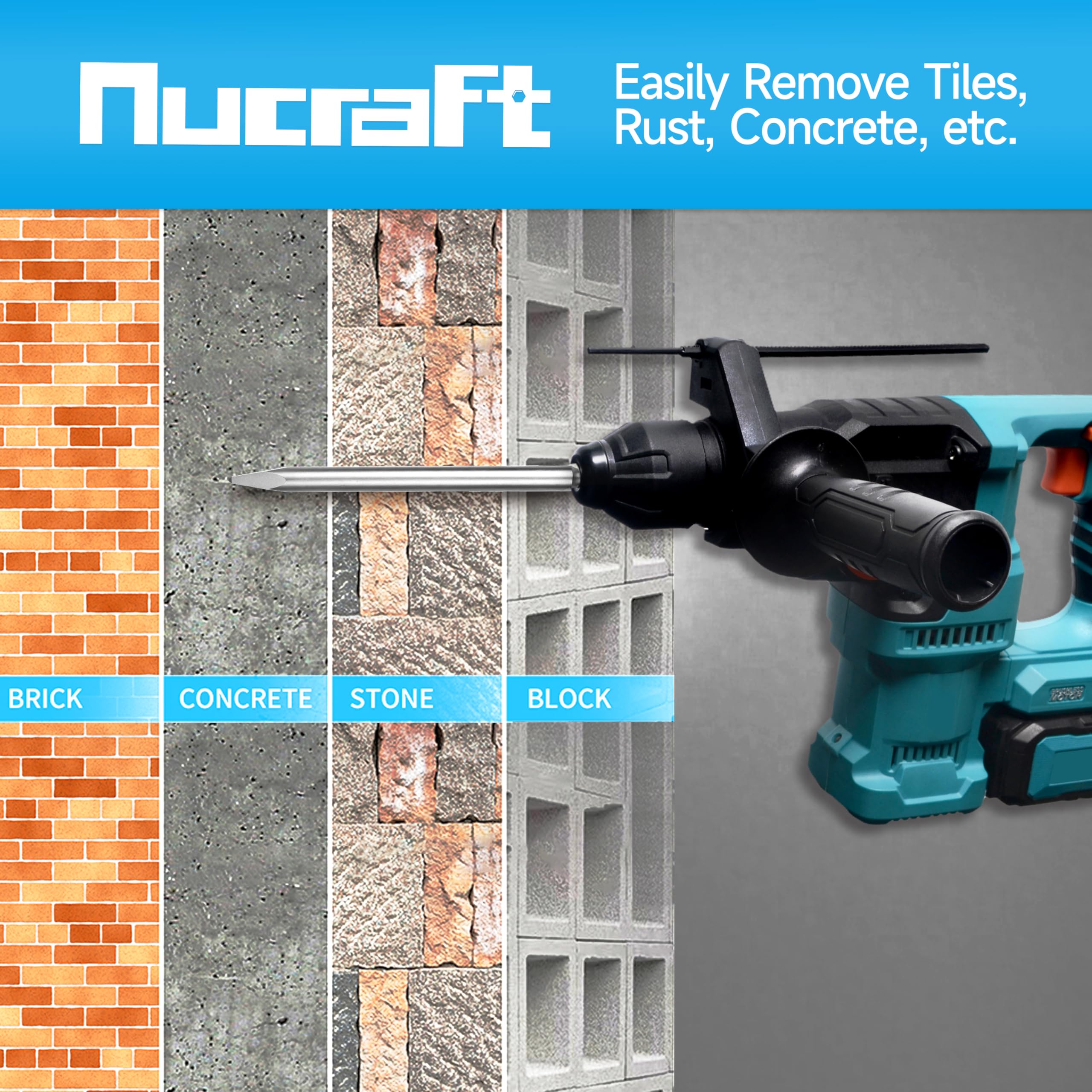 Nucraft Set di 4 scalpelli in acciaio SDS Plus, largo, piatto, appuntito, in Acciaio per Cemento, Mattone, Muro e Granito