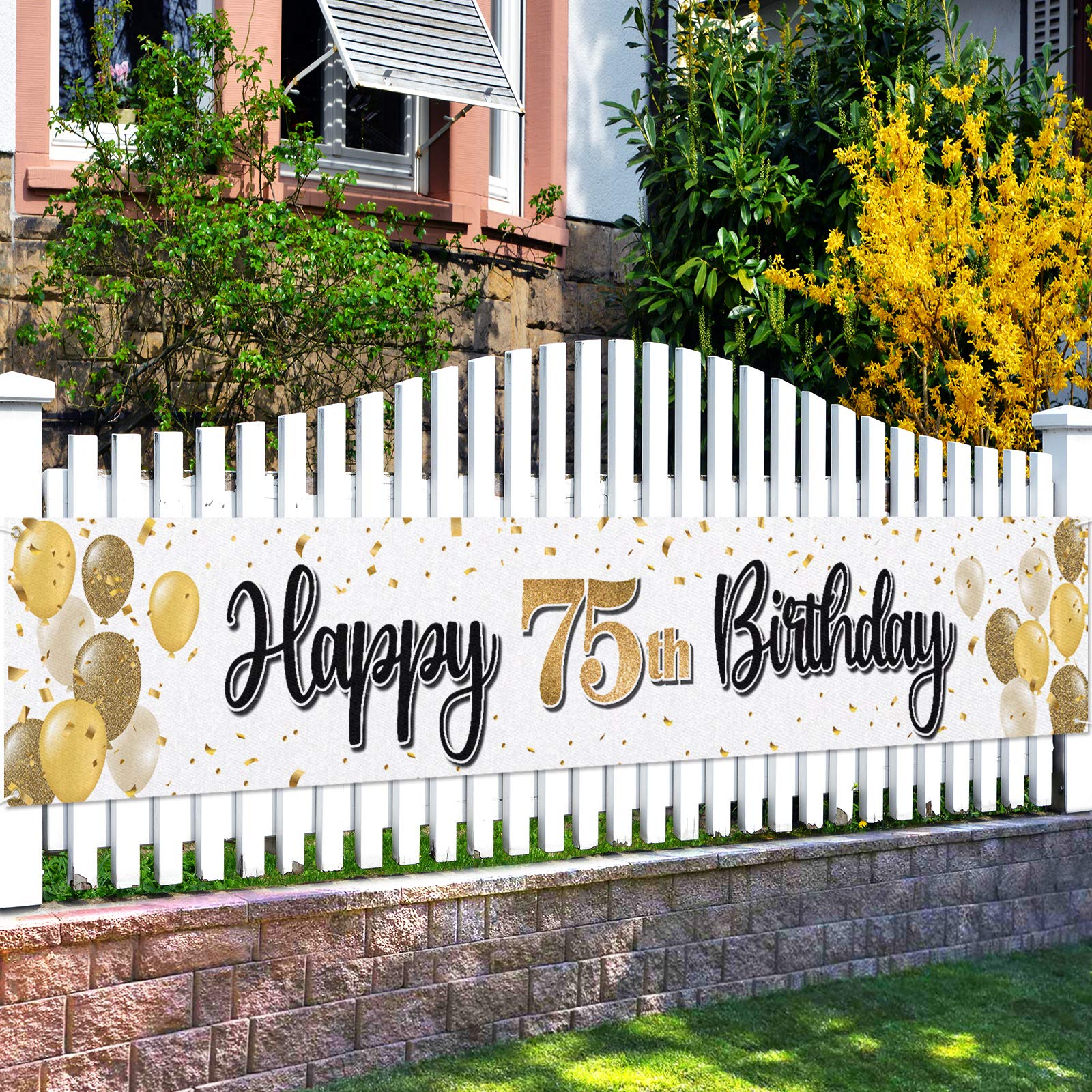 LASKYER Happy 75th Birthday Decorations,75th Gold Balloon Large Birthday Hanging Banner Sign - Cheers to 75 Years Old Bday Party Supplies.