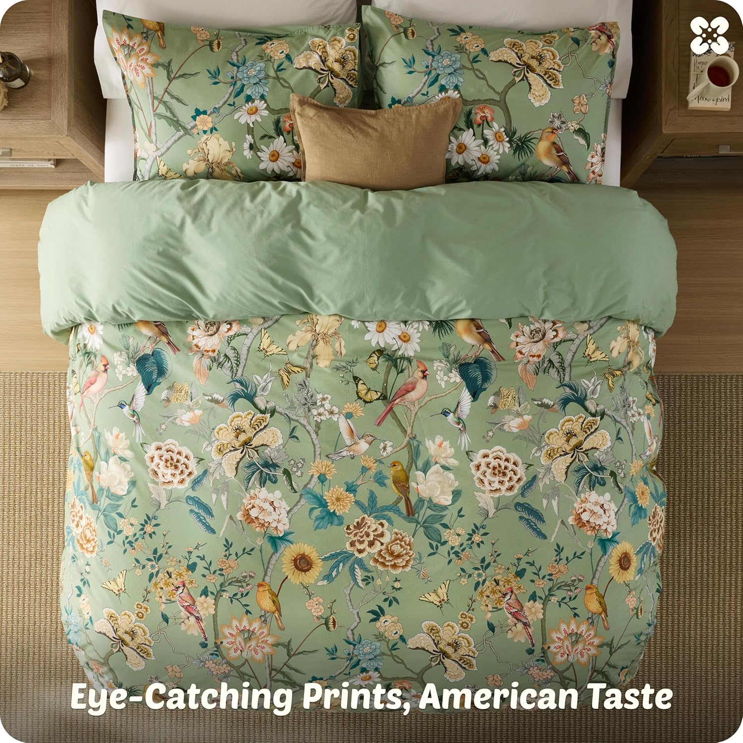 Bedsure Floral Duvet Cover Queen Size - 100% Cotton Reversible Flowers and Birds Pattern Duvet Cover Set, 3 Pieces Soft & Breathable PureWoven Bedding Set with 2 Pillow Shams (Green Garden, 90"x90")