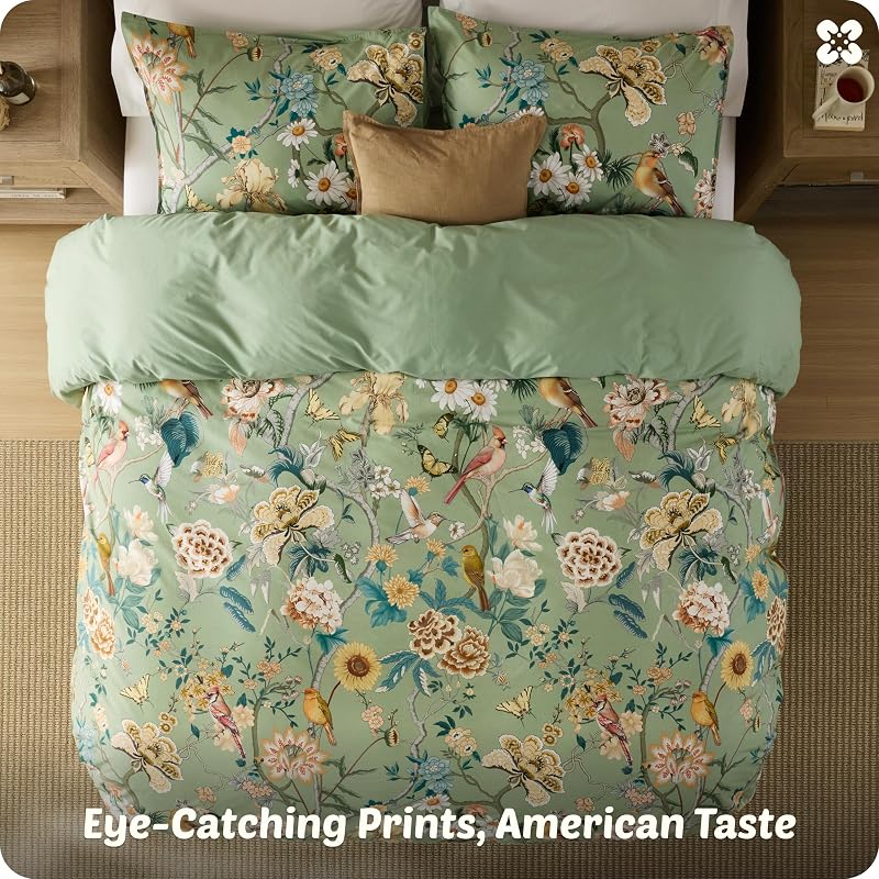 Bedsure PureWoven 100% Cotton Floral Duvet Cover Set, Queen, Green Garden image 6