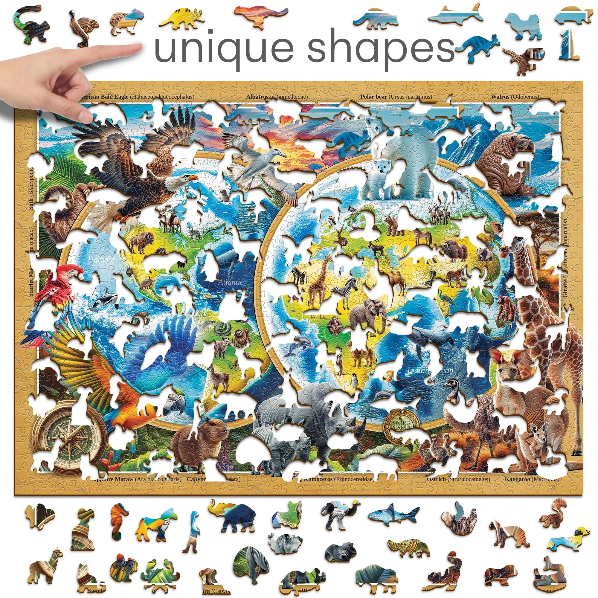 WOODEN.CITY Drewniane puzzle z motywem dzikiej przyrody planety, 1000 elementów, drewniane puzzle dla dorosłych ze 100 unikalnymi kształtami zwierząt, ekologiczne puzzle premium dla dorosłych, 1000