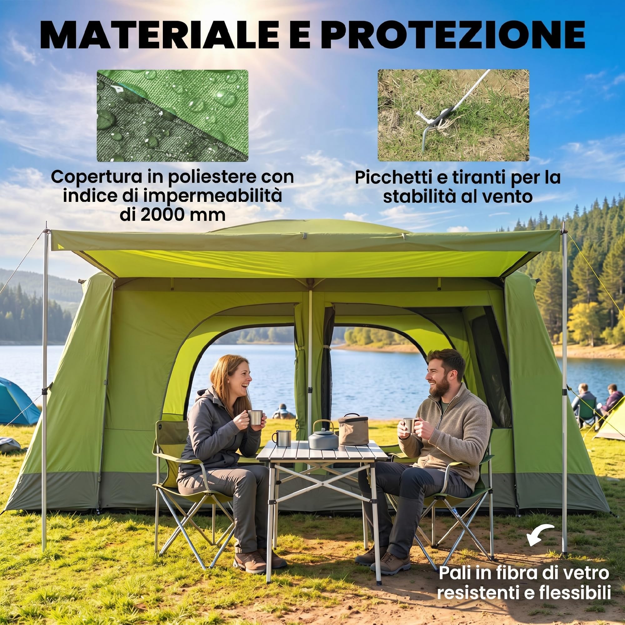 Outsunny Tenda da Campeggio a Tunnel 4 Persone 2 Stanze Impermeabile 3000mm 405x305x225cm Verde