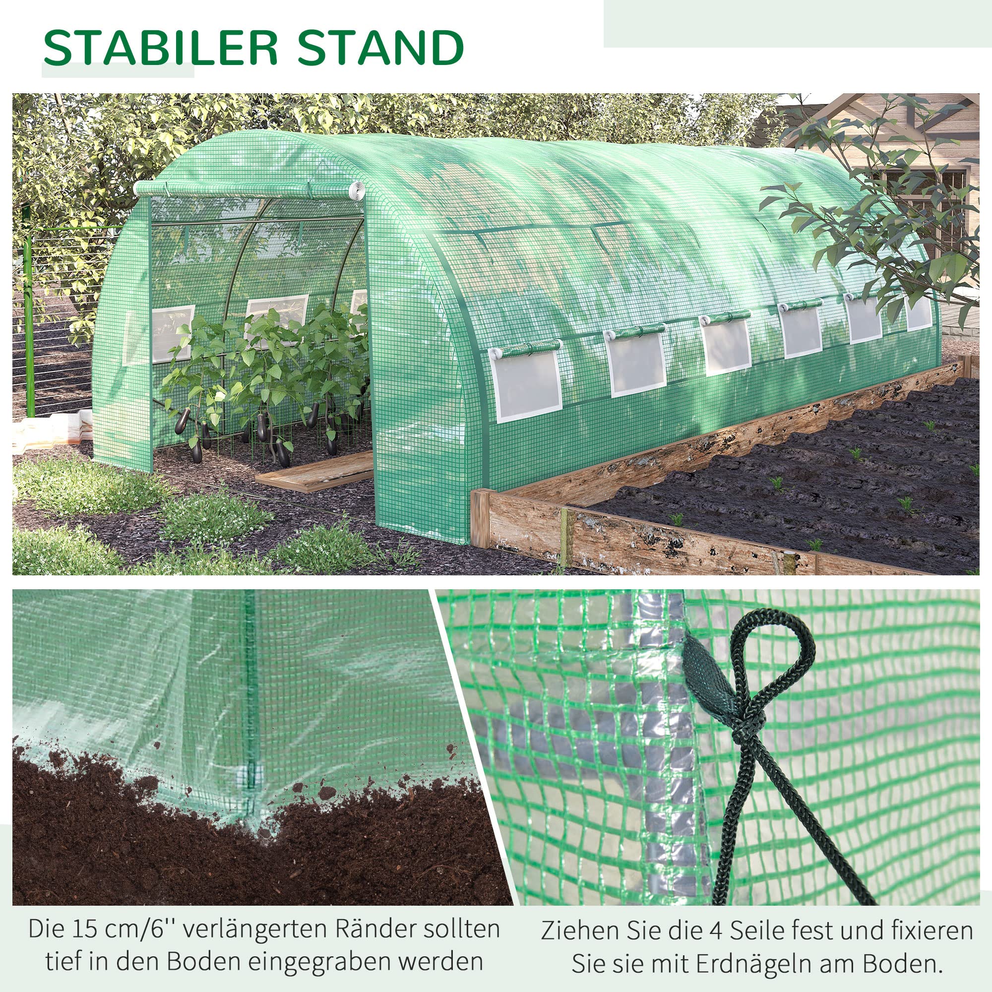 Outsunny Foliengewächshaus Polytunnel 6 x 3 x 2 m Begehbar UV-Schutz Grün | Aufrollbare Abdeckungen, Folientunnel, Treibhaus, Stahlrohr, Tunnel Gewächshaus 6x3