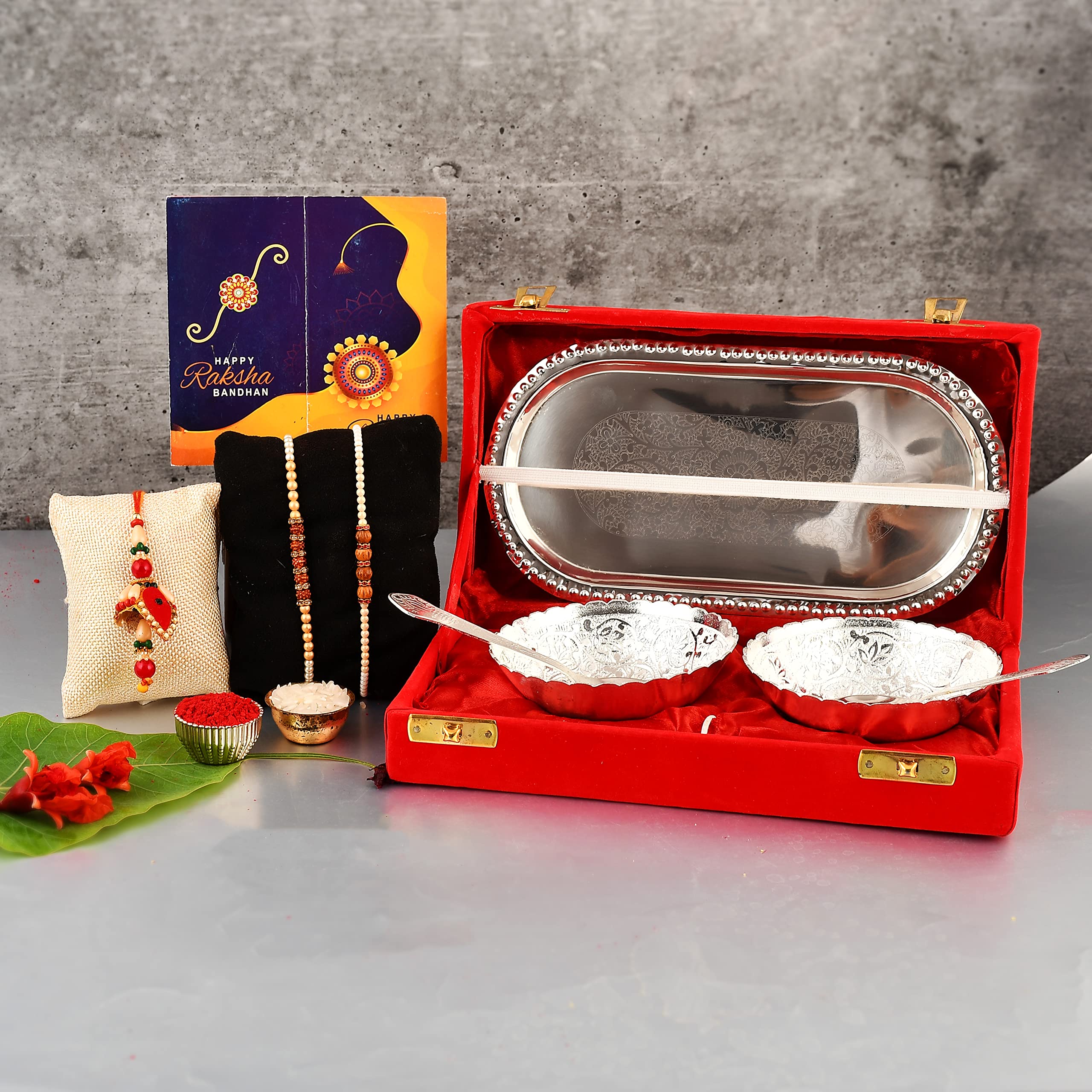 Great Art Rakhi Gift Combo Set - Floral Bowl Set with Royal Velvet Gift Box + Rakhi Set of 3 +Roli Chawal + Free Rakhi Card-GA-02-853-image-30