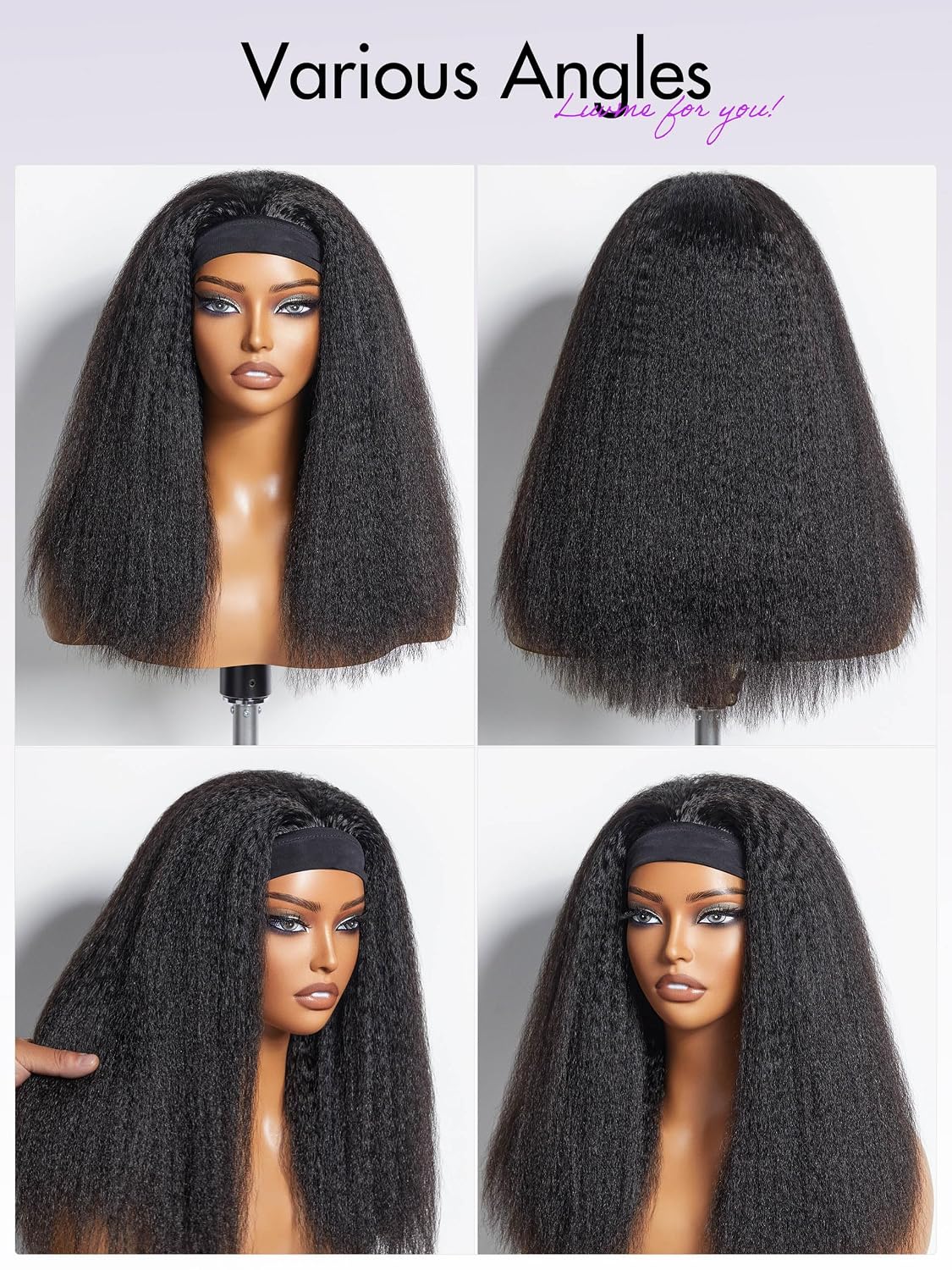 LUVME HAIR Kinky Straight Headband Wig Human Hair Ready to Go No Lace Glueless Human Hair Wigs with Adjustable Headband Beginners Friendly (16 Inch & Natural Black)