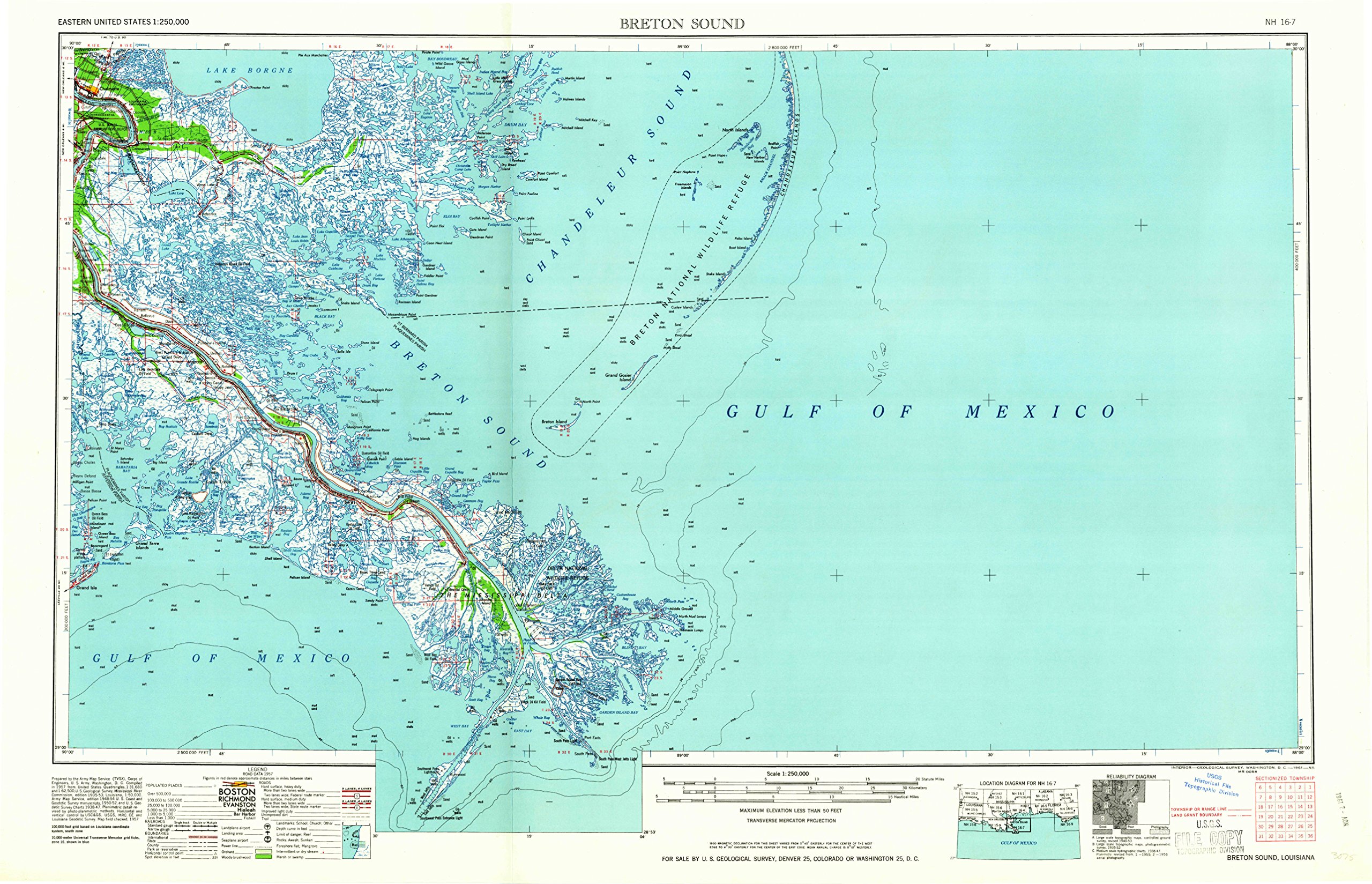 YellowMaps Breton Sound LA topo map, 1:250000 Scale, 1 X 2 Degree, Historical, 1961, Updated 1961, 22.1 x 34.2 in - Polypropylene