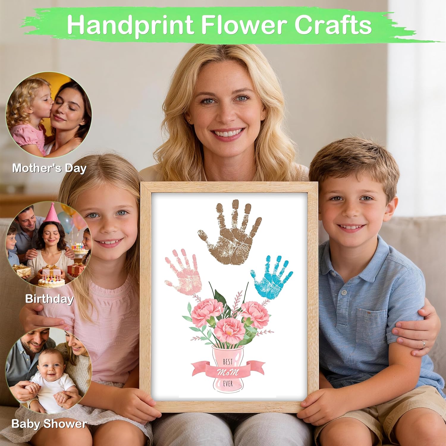J6&H6 Mother’s Day Handprint Flower Craft Kit Cute Keepsake from Daughter or Son Included Wooden Frame Unique Bouquet Design Background for Mom Grandma Anniversary and Family Memories