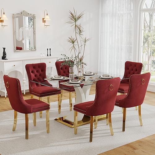 Miniatura 55 de Juego de mesa de comedor moderno de vidrio para 4, mesa de 160 cm de vidrio templado con base dorada estética y 4 sillas de comedor lujosas azules y