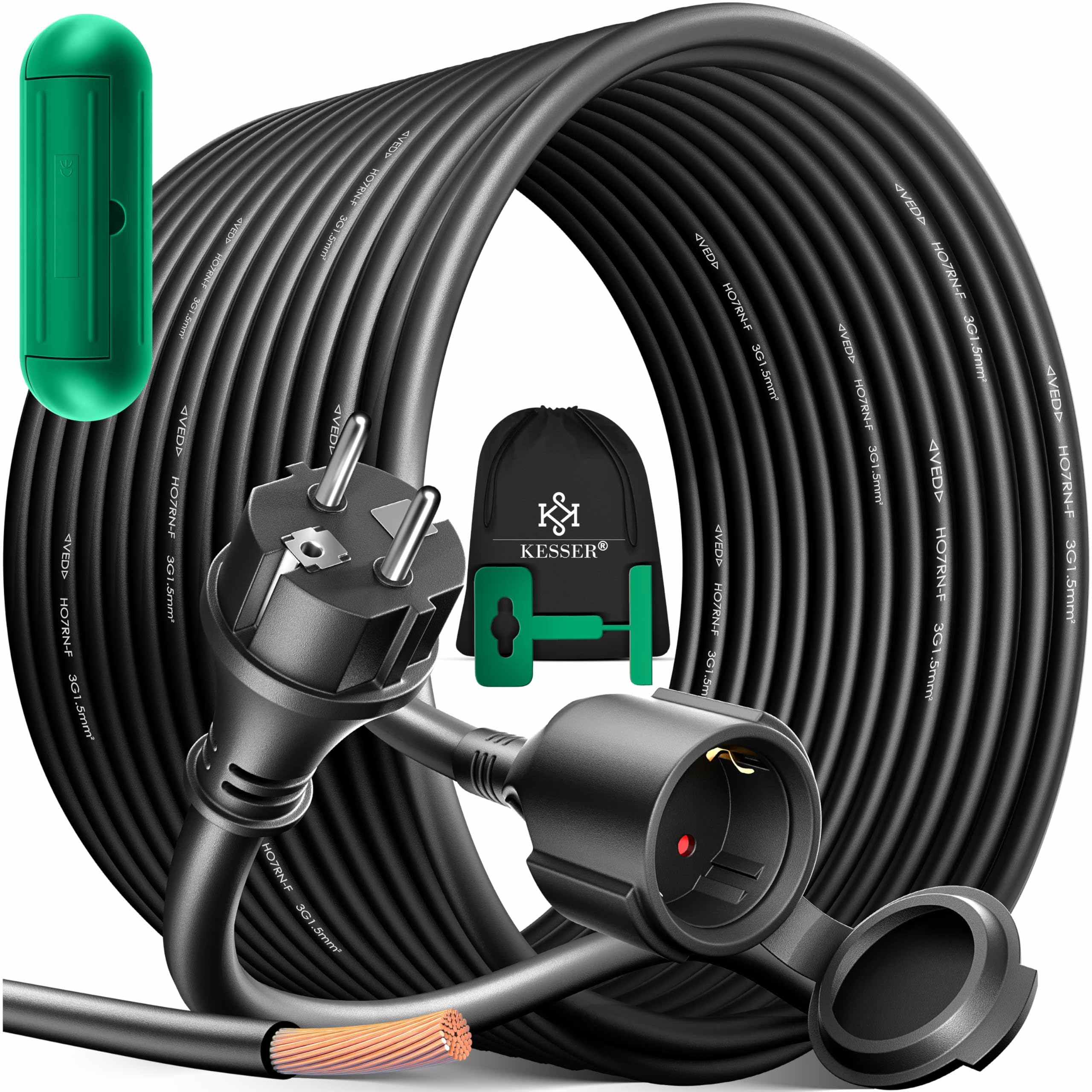 KESSER Rallonge 3 Prises 250 V IP44 40m Noir Câble électrique extérieur