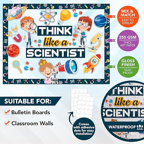 Miniatura 2 de Decorably Juego de 48 piezas de decoración de tablón de anuncios de ciencia con bordes, decoraciones de ciencia para el aula, paredes de aula,