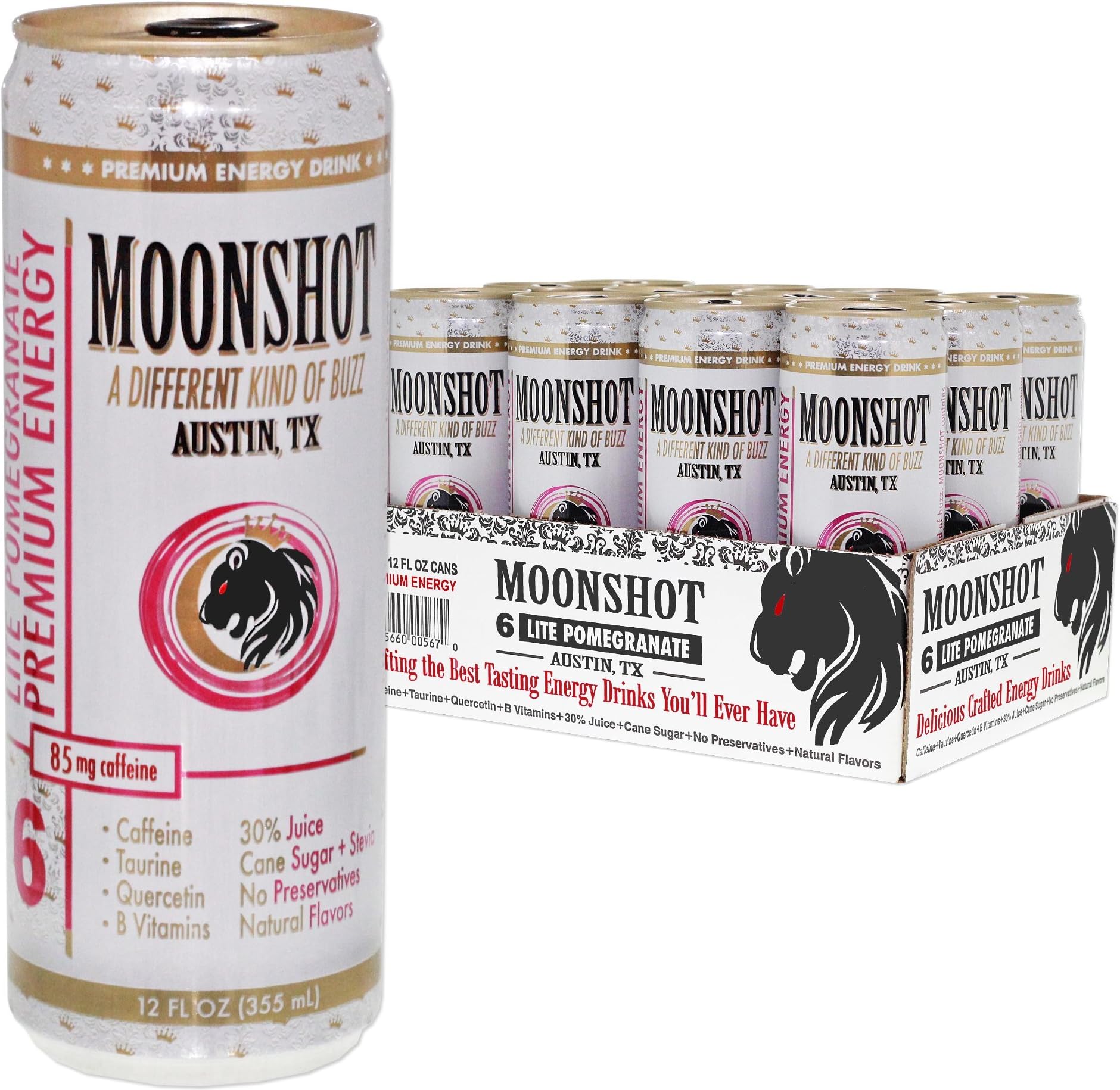 MOONSHOT Sparkling Lite Pomegranate Energy Drink โข 30% Juice โข 85mg Caffeine โข Pure Cane Sugar + Stevia โข No Artificial Flavors, Sweeteners, Colors or Preservatives โข All Natural Energy
