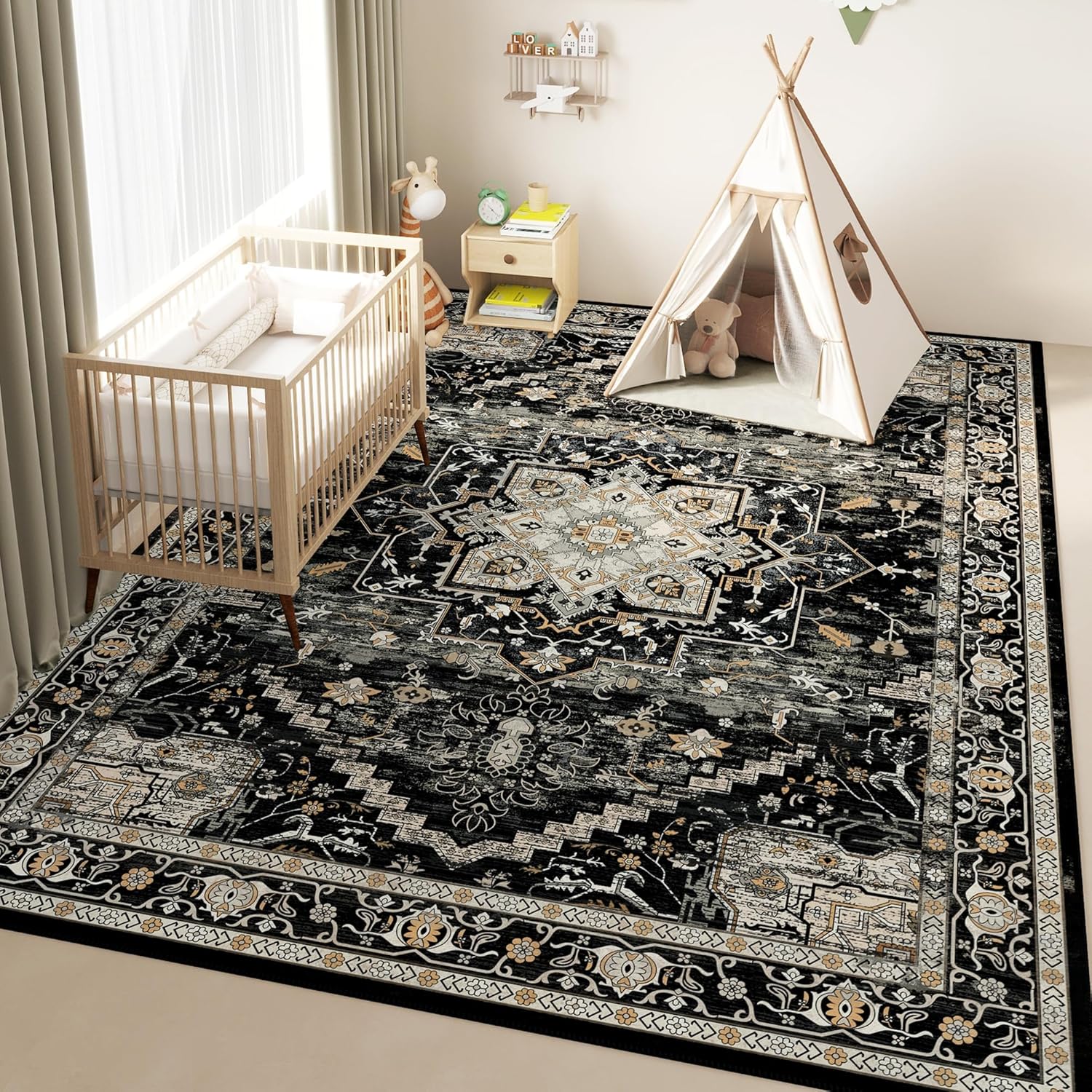 5x7 Washable Area Rug for Living Room, Non-Slip Soft Boho Vintage Medallion Carpet, Low Pile Distressed Rugs for Bedroom, Dining Room, Home Office, Dorm, Indoor Decor, Black Gold