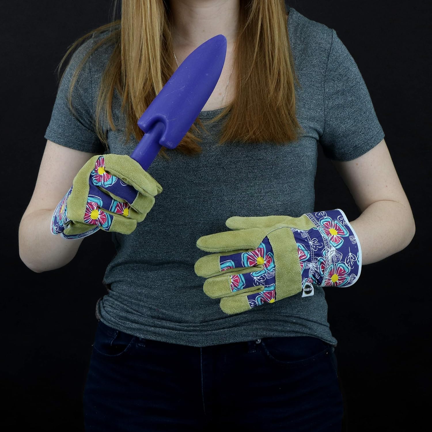 Miracle-Gro MG23011 Landscaping Work Gloves - [1 Pair, Small/Medium] Purple/Floral Print, Split Cowhide Leather Gloves