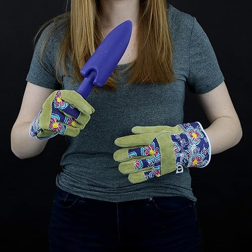 Miniatura 6 de Miracle-Gro MG23011 - Guantes de trabajo de paisajismo (1 par, pequeñomediano), estampado floral, guantes de cuero de vaca divididos