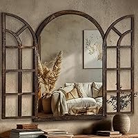 LawadaMirror 38x26 Arched Farmhouse Wall Mirror - Rustic Wood Window Frame for Living Room, Bedroom, Entryway (Brown)