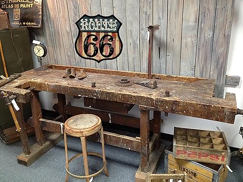 Miniatura 3 de Letrero de hojalata vintage Route 66 con bandera estadounidense nostálgica Letreros de garaje con forma de escudo de 15 x 14 pulgadas, letreros de