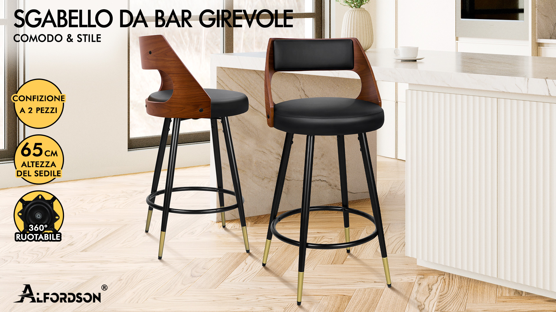 ALFORDSON Set 2 Sgabelli da Bar - Altezza regolabile 53-75 cm con Base Girevole, Sedia Breakfast Moderna per Cucina e Sala da Pranzo, Pelle PU, Bianco