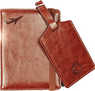 Leather Passport and Vaccine card holder combo with Privacy Protection Luggage tag. Passport case with CDC Vaccination card slot for Men/Women. PU Leather with RFID Blocking.(Brown)