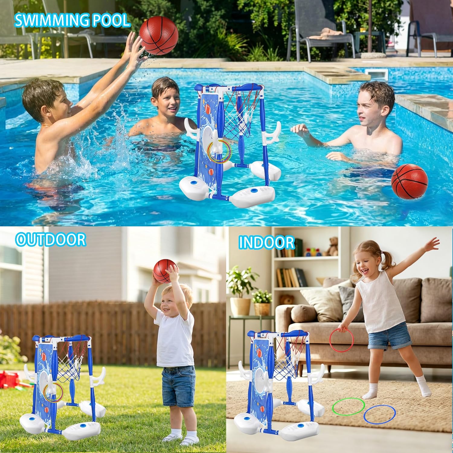 Pool Basketball Hoop, 3-in-1 Floating Basketball Hoop & Football Ring Games with 5 Balls 12 Rings and Pump, Outdoor Family Party Water Swimming Pool Basketball Games Toy for Kids Ages 4-8 8-12