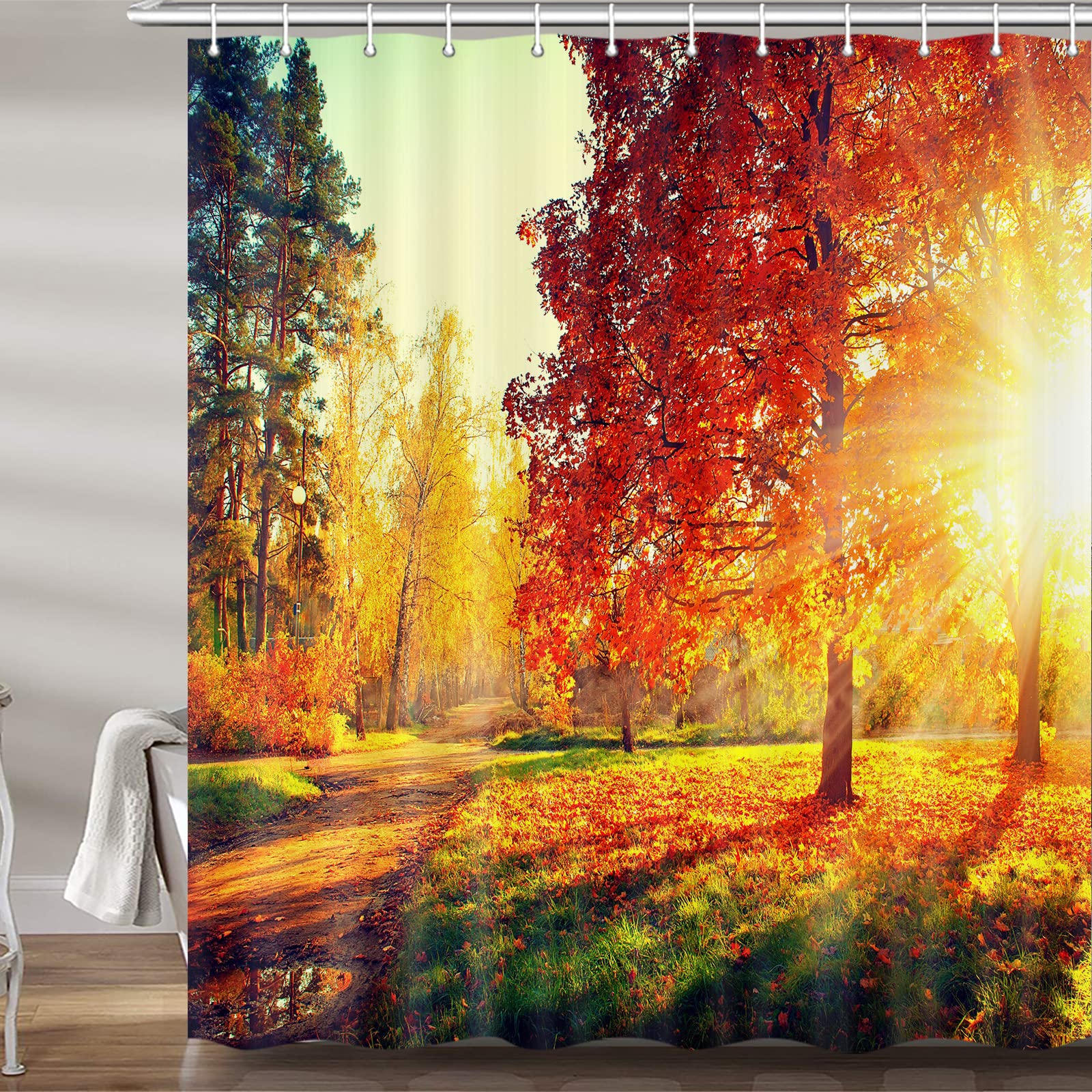 JAWO Fall Shower Curtain for Bathroom, Golden Autumn Forest Farm House Natural Leaves Profession Waterproof Polyester Fabric Bath Curtains Decor with