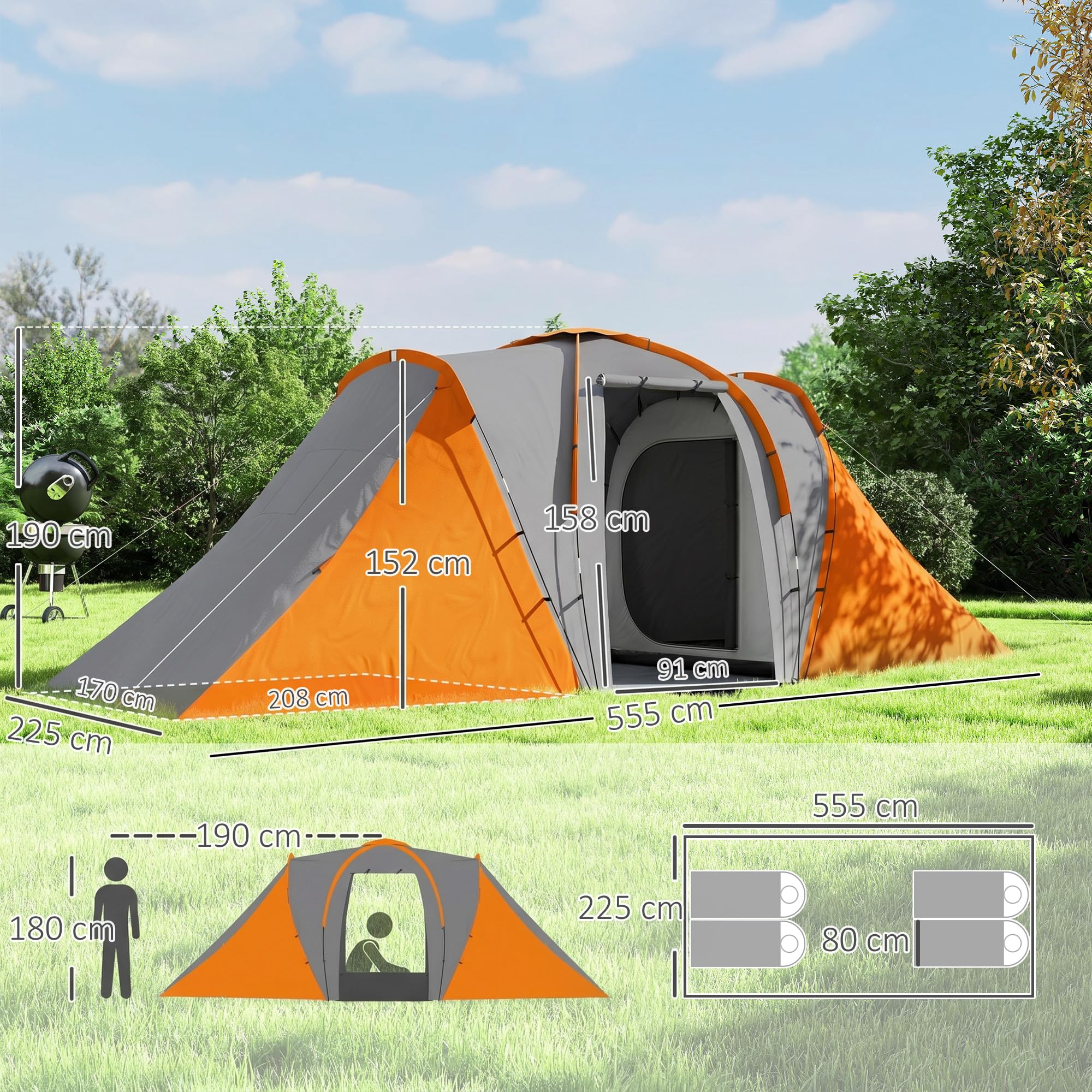 Outsunny Tente tunnel, tente de camping pour 4 à 6 personnes, avec 2 chambres, salon, tente familiale avec sac de transport, 2000 mm, imperméable, pour jardin, camping