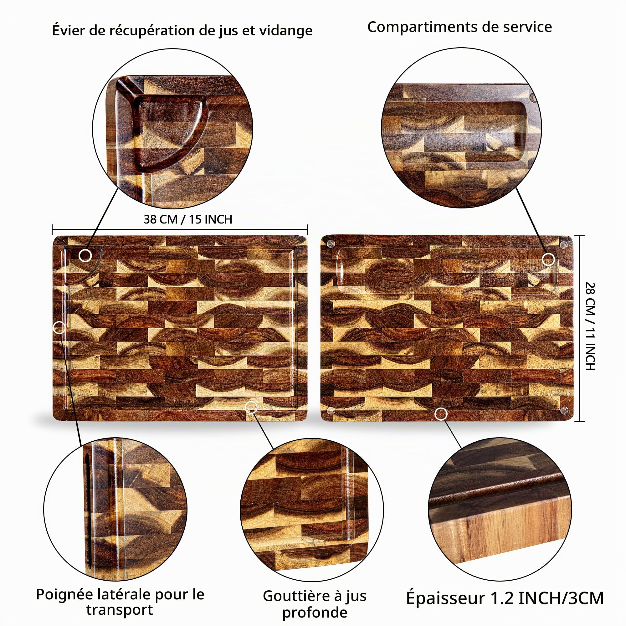 Planche à Découper en Bois d'Acacia, TJ POP Planche a Découper de Cuisine 38 x 28 x 3cm avec Pieds Antidérapants pour Découper la Viande, les Légumes, les Fruits et le Fromage