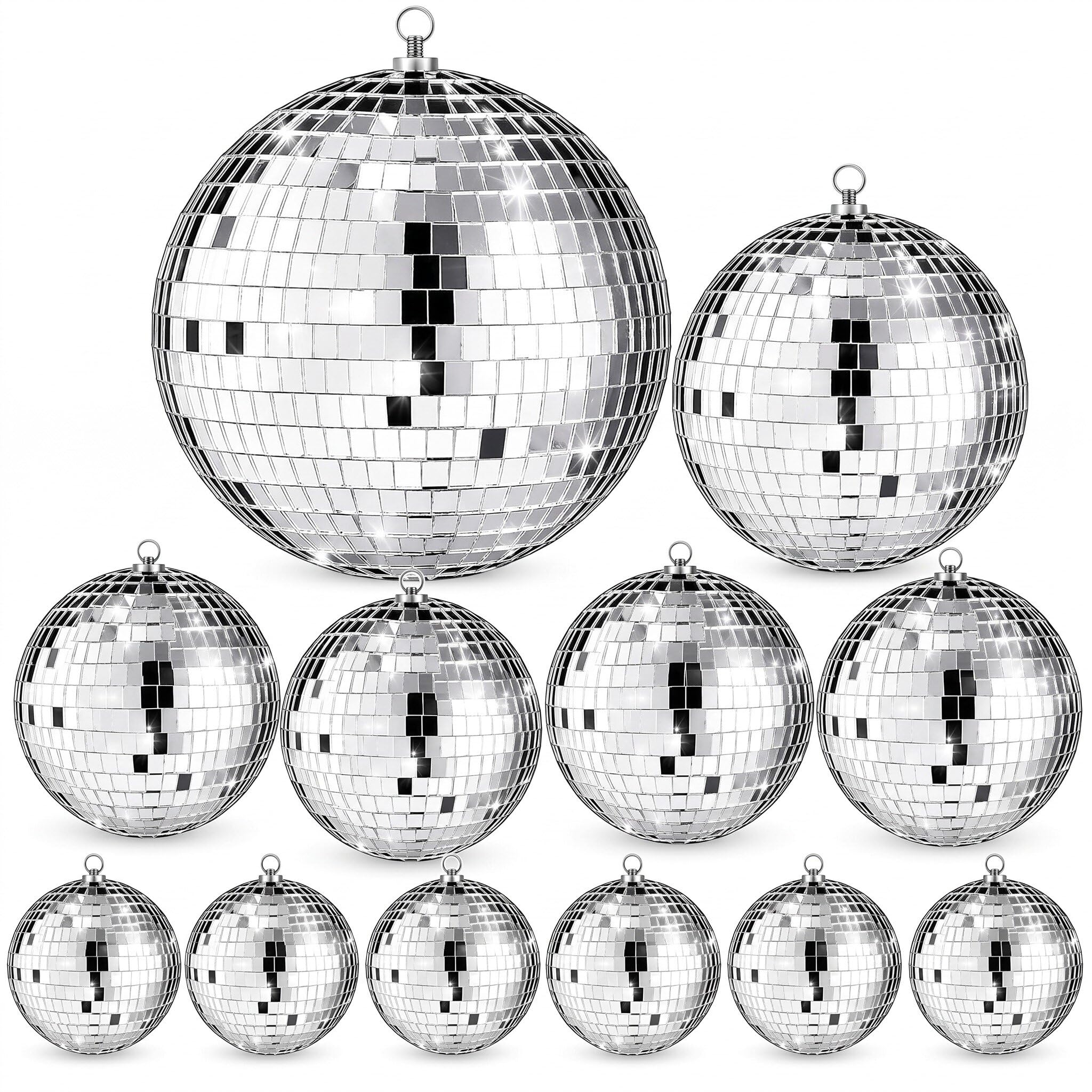 Libima 12 Pcs Silver Mirro Disco Ball Set, Multi Size, 12'', 8'', 6'', 4''