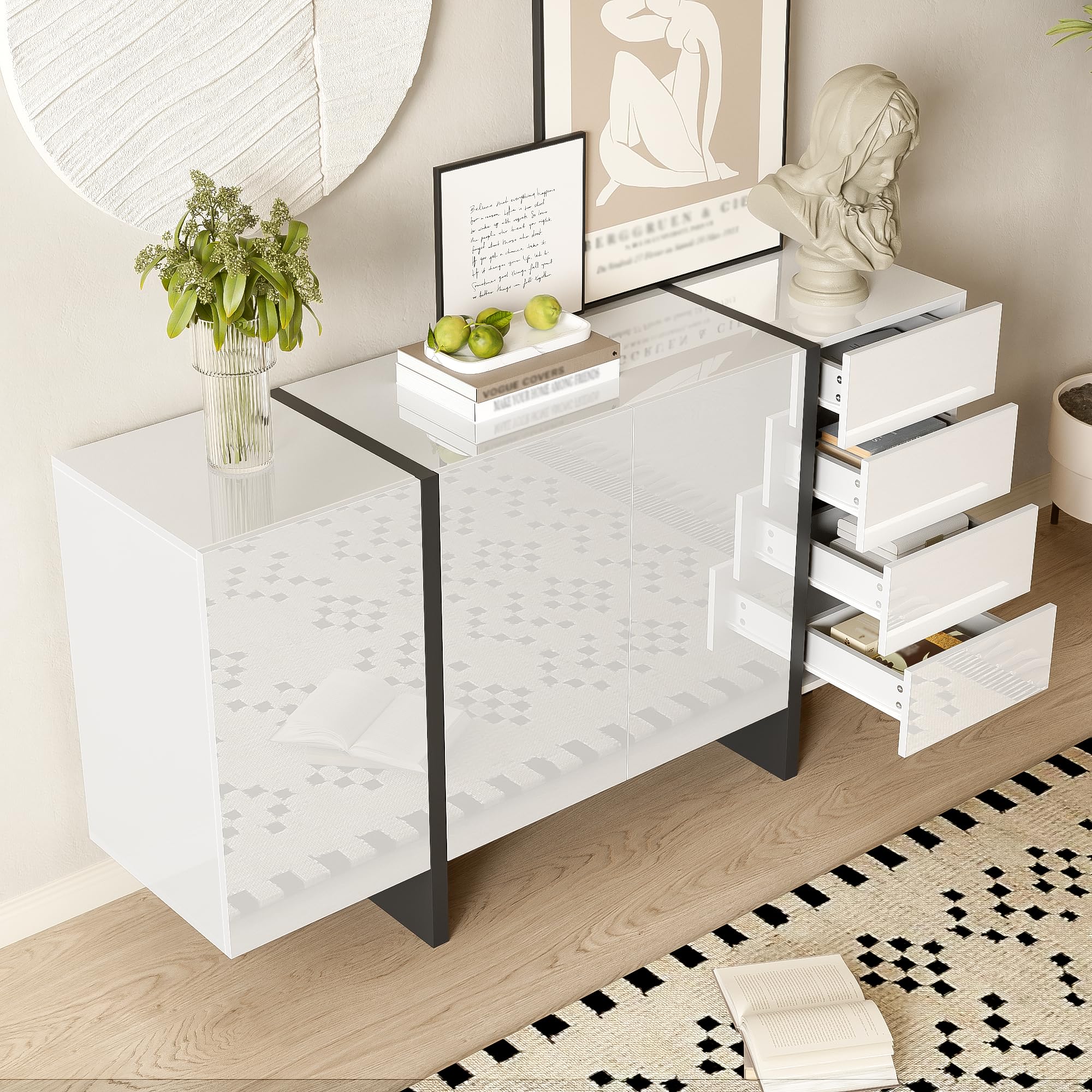 RanRan Weißer Hochglanz-Sideboard, moderner und Schlichter Anrichte mit 2 Türen und 4 Schubladen, leicht zu reinigen, ideal für Wohnzimmer oder Esszimmer