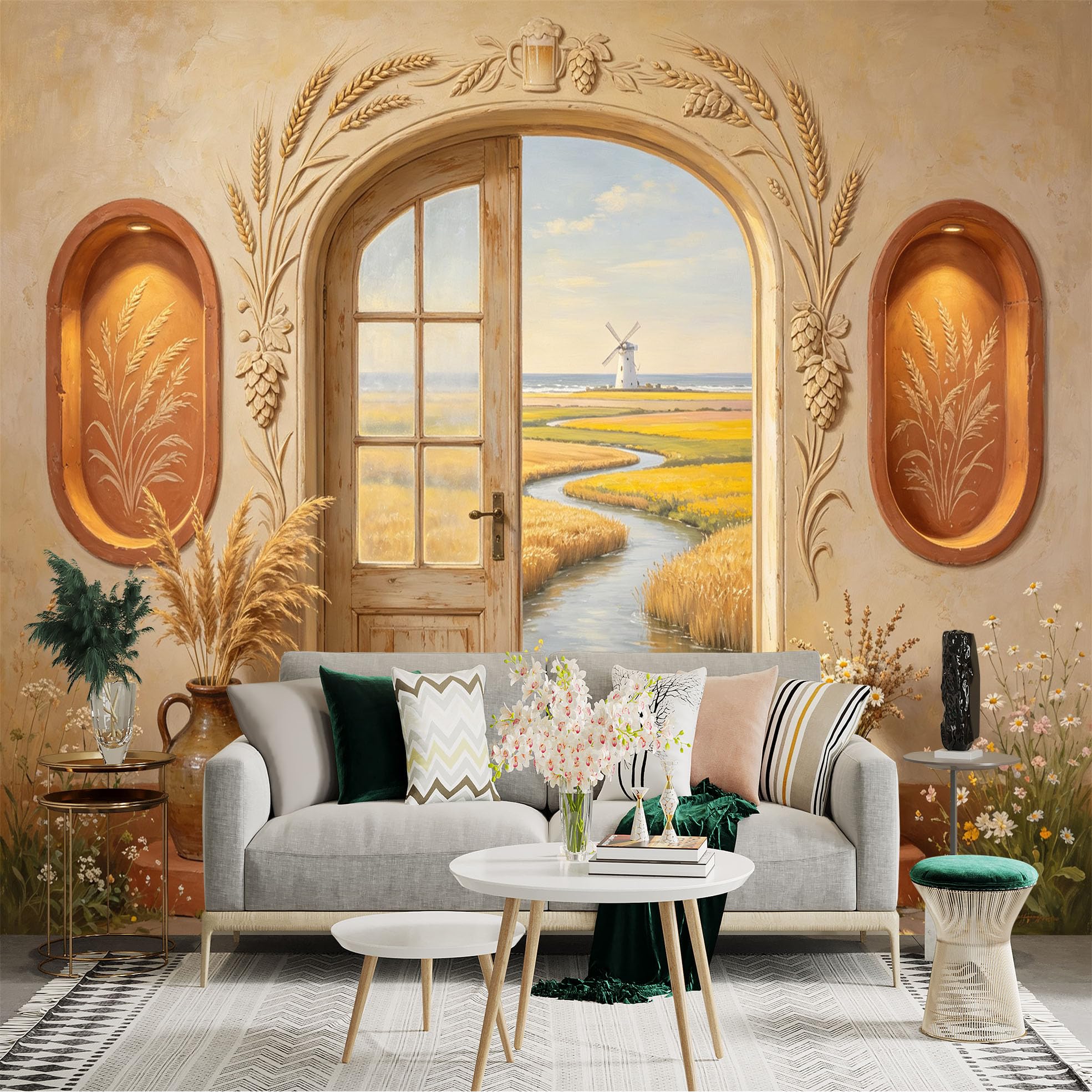Custom Size Wall Sticker Mural， Rustic Farmhouse Doorway， Wheat Field， River Path and Windmill， for wall Decoration， peelandstick wall Decals.