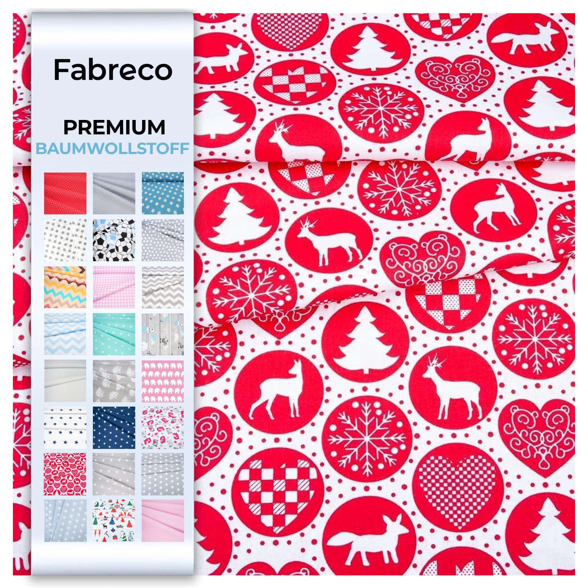 Fabreco - Baumwollstoff Meterware - 220g/lfm | Stoff Meterware mit Muster: Weihnachtskugel rot | Weich, langlebig & hautfreundlich
