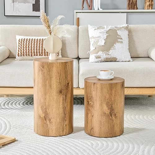 Miniatura 20 de kevinplus Juego de 2 mesas auxiliares anidables para sala de estar, juego de mesa auxiliar redonda moderno, mesa auxiliar circular de madera y Negro