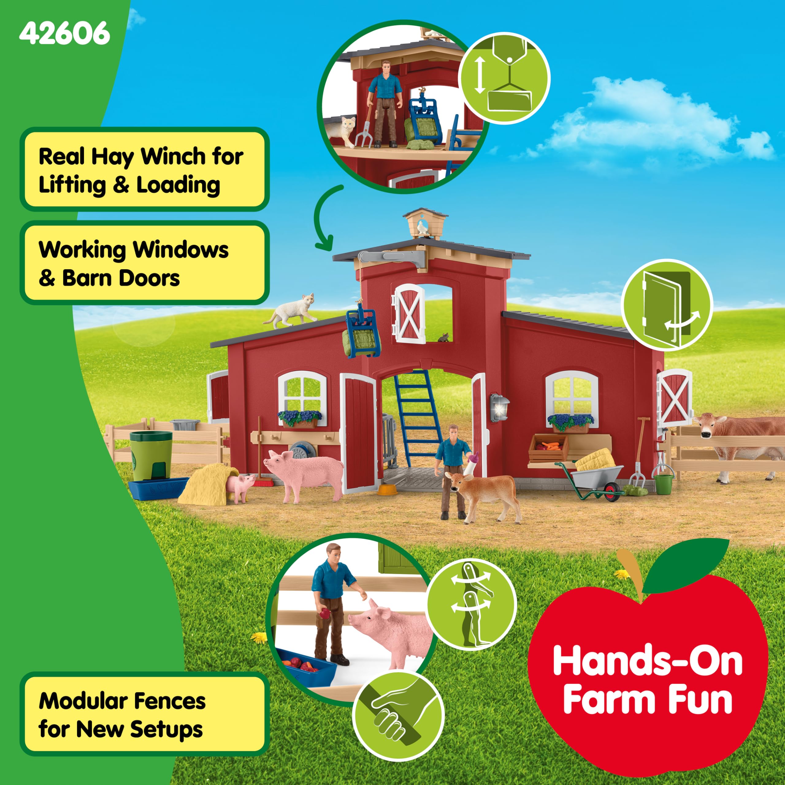 schleich FARM WORLD | Duża czerwona farma z domem wiejskim 42606 | Zestaw z domem, rolnikiem, krową, świnią, kotem, myszą i akcesoriami | realistyczna zabawka farma dla dzieci od 3 lat | 92 elementy