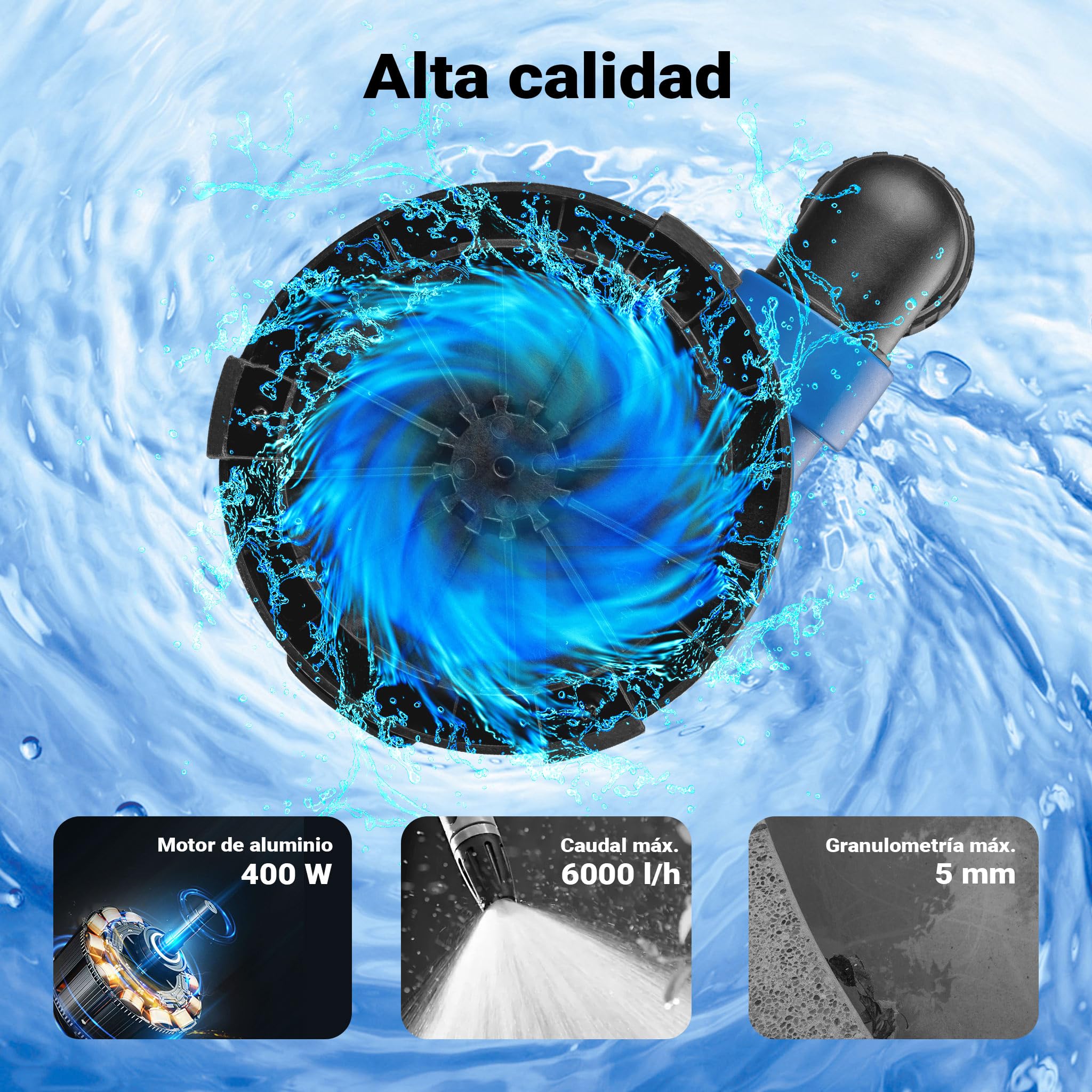 Wiltec Bomba de agua sumergible de aspiración plana 400 W aguas residuales hasta 1 mm caudal máx. 6000 l/h, altura máx. 7 m, profundidad máx. 7 m sensor de nivel de agua