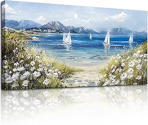 crmotu Beach Wall Art, Coastal Wall Art, Large Wall Decor, Wildflower Art Landscape Painting, Seaside Sailboat Canvas Pictures for Living Room Bedroom Dining Room Office Art Prints 30x60inch