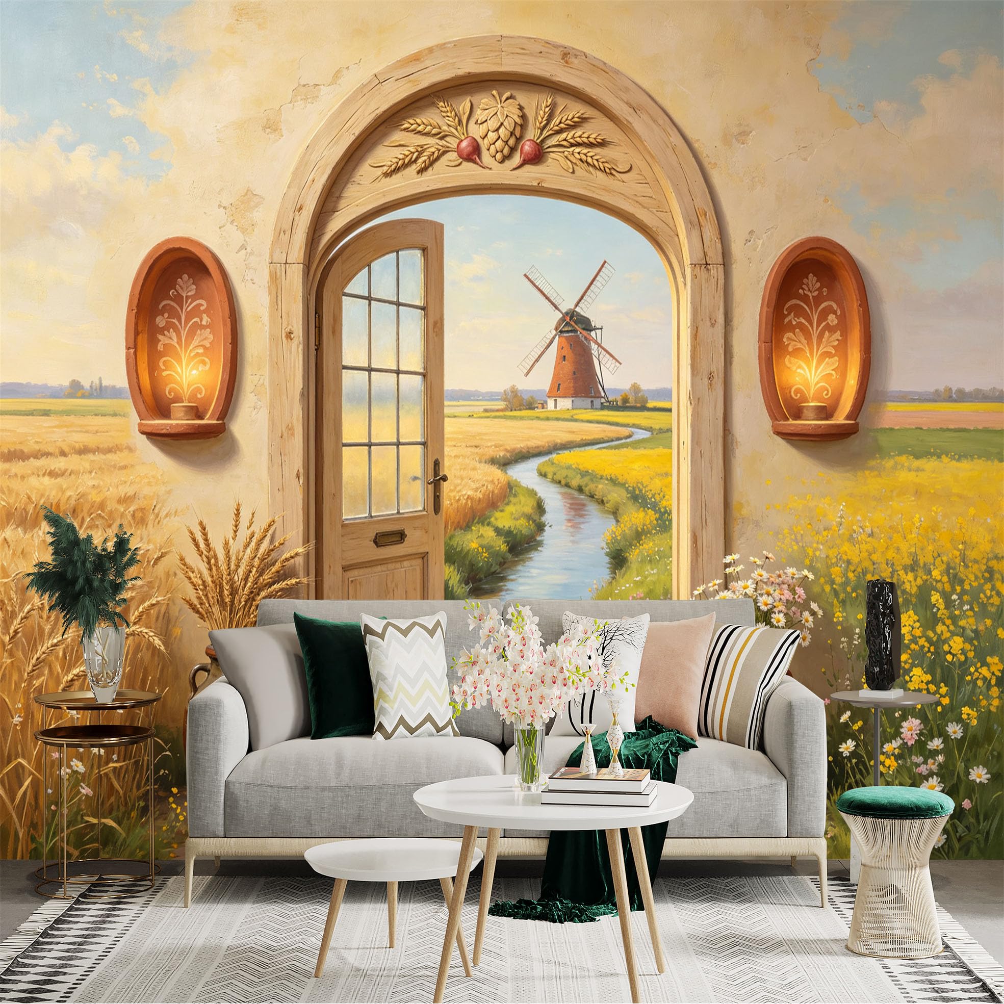 Custom Size Wall Sticker Mural， Rustic Countryside Doorway， Windmill River Meadow Landscape， for wall Decoration， peelandstick wall Decals.