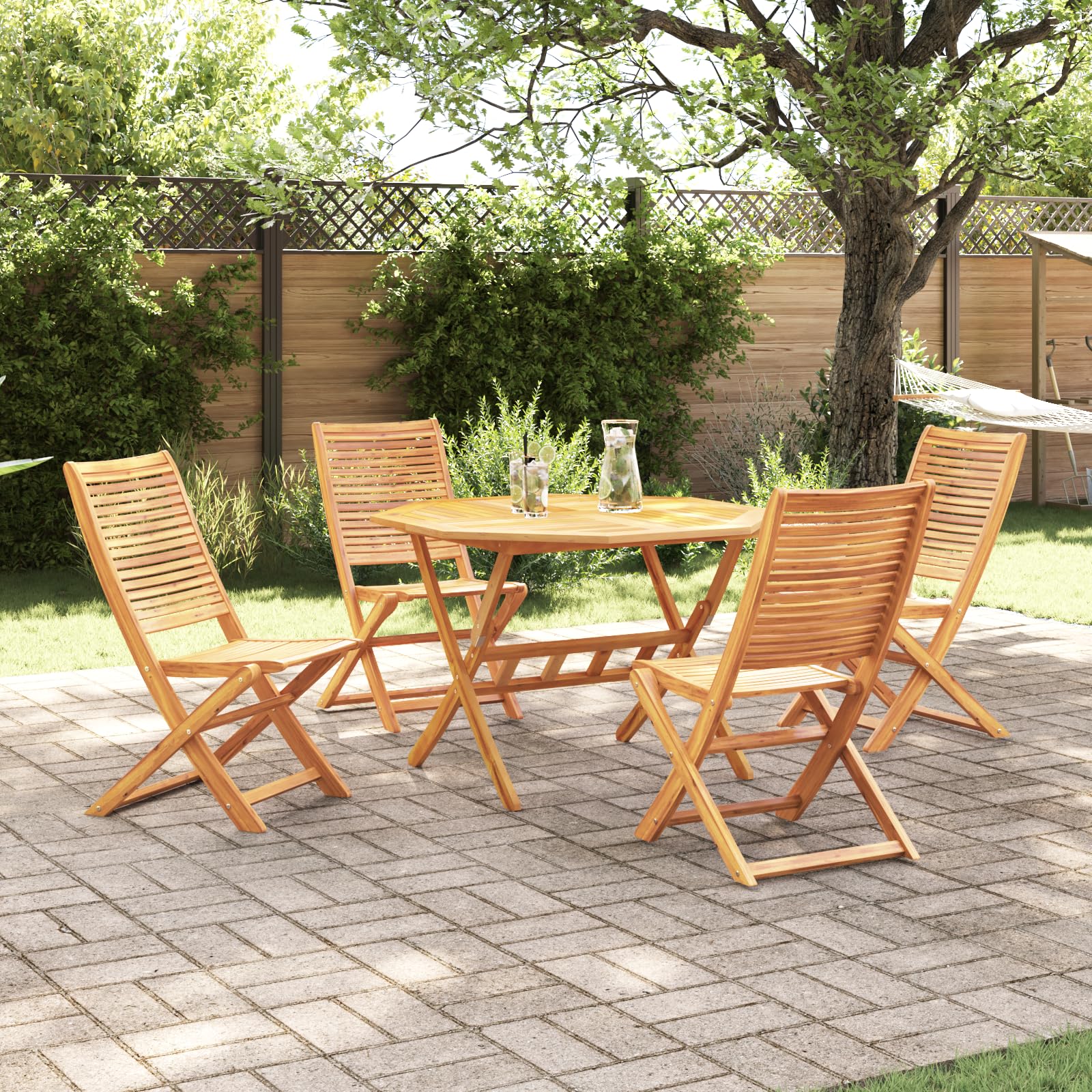 Juego de mesa y sillas plegables de madera maciza de acacia para terraza, balcón, muebles plegables robustos con estilo rústico y fácil almacenamiento