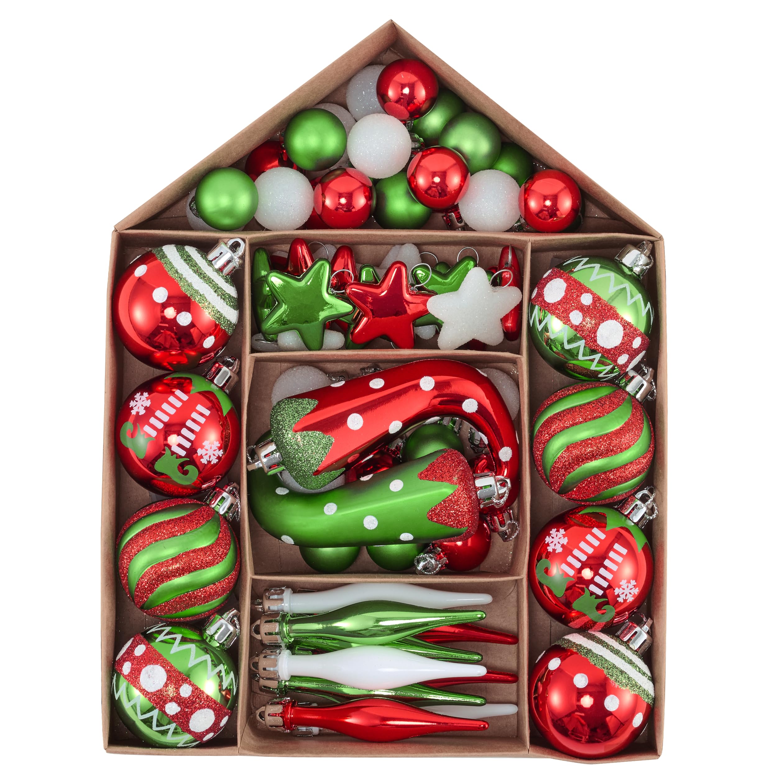 Victor's Workshop 70pcs 2.5-6cm Shatterproof Christmas Baubles Pack, Delightful Elf Red Green and White Christmas Ball Ornaments for Xmas Tree Decoration
