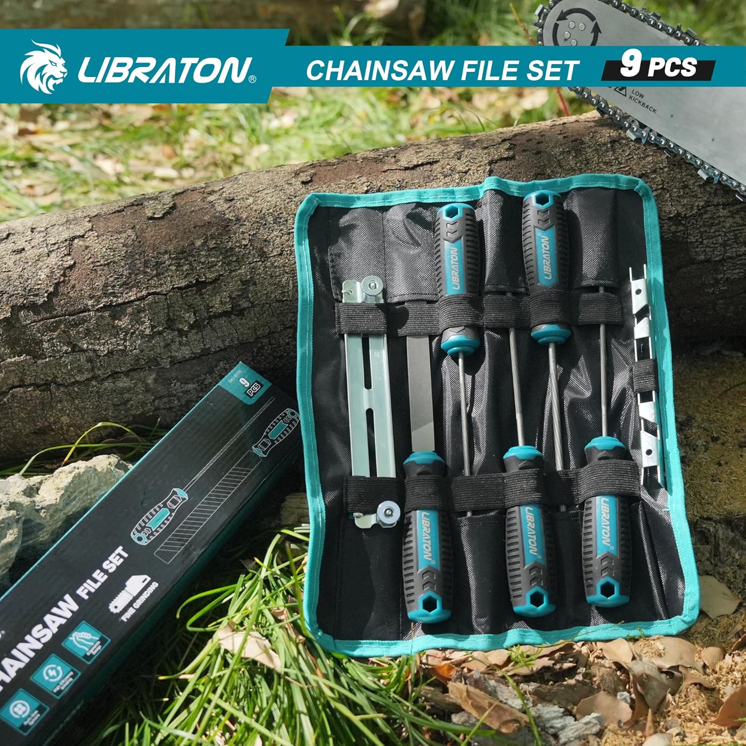 LIBRATON Chainsaw File Set, 5/32", 3/16", 7/32" Chainsaw Sharpening File, Chainsaw Sharpener, Round Saw Chain File, 6" Flat File, Depth Gauge, Filing Guide, Check Gauge, Bar Groove Cleaner, Pouch