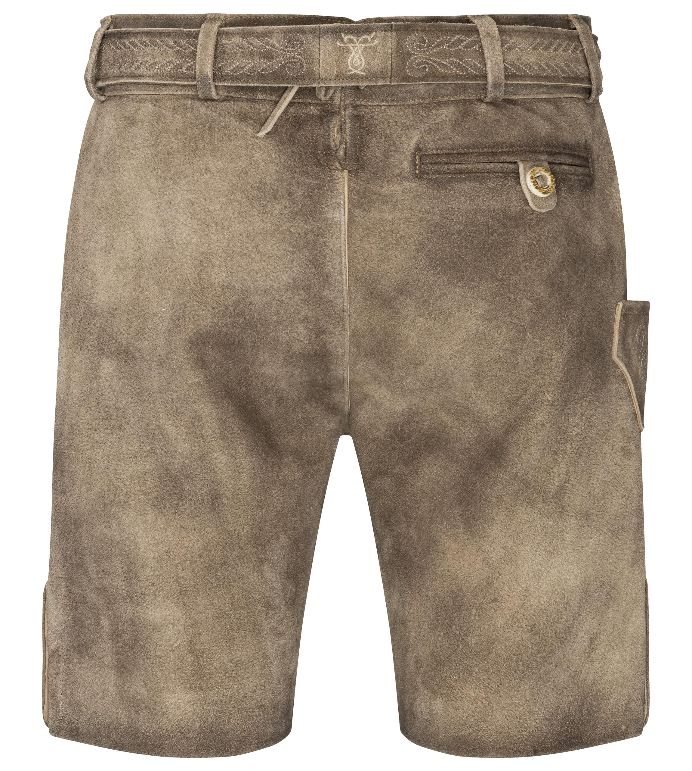 Schöneberger Trachten Couture Herren Lederhose kurz mit Trachtengürtel, Antik Trachtenhose für Oktoberfest aus Original Nubukleder, Wiesnbock