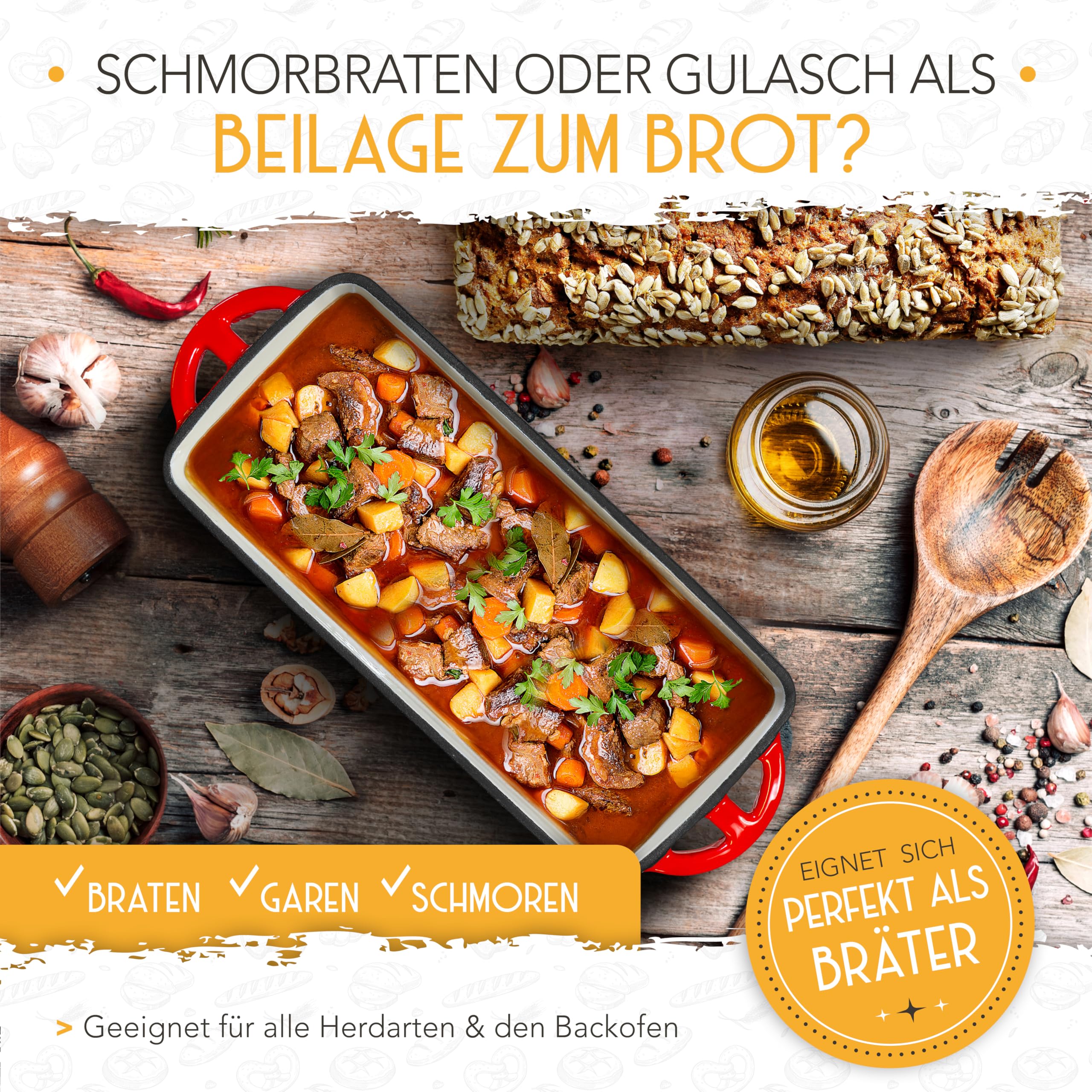 KRUSTENZAUBER Molde de pan esmaltado con tapa, incluye cesta de fermentación, molde robusto de 28 cm de hierro fundido, ideal como molde de caja, pan tostado, molde para pan, molde de pan, olla de